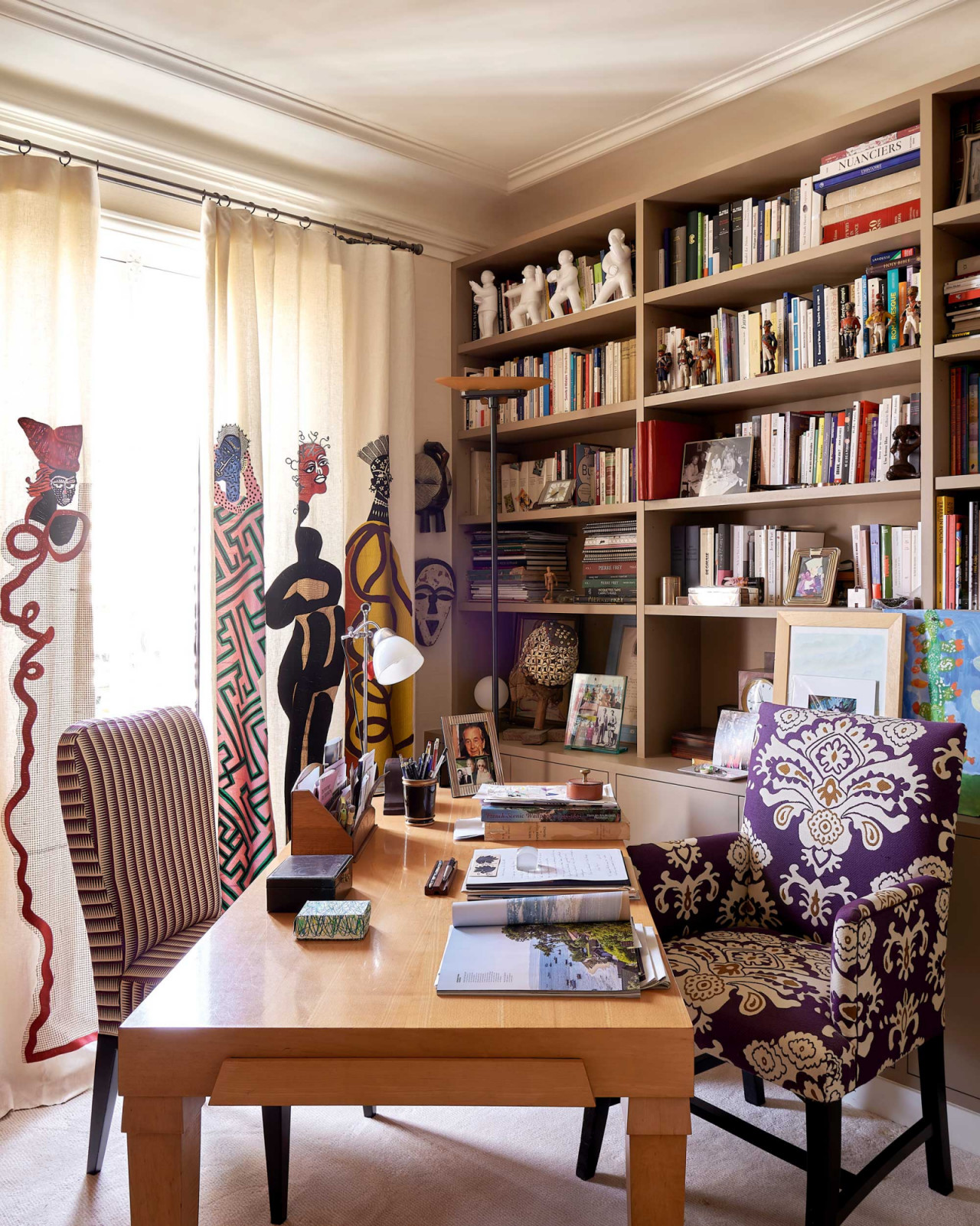 Patrick’s office, with Pierre Frey Beau Monde curtains embroidered with life-size figures