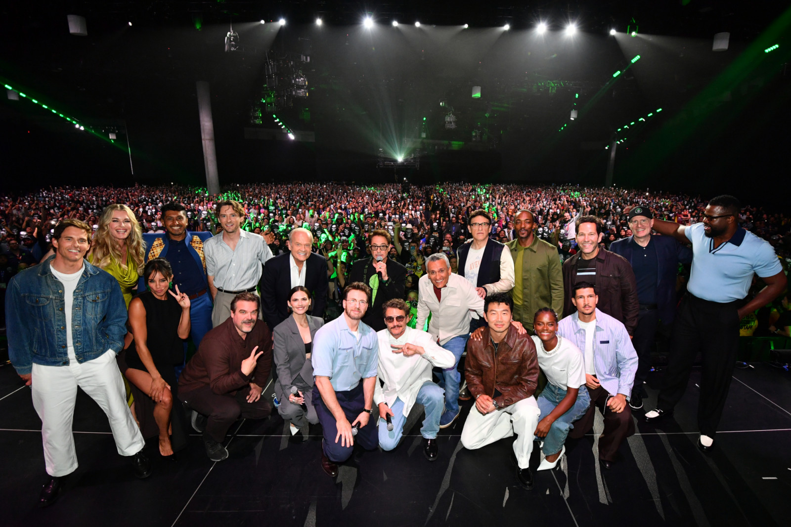 SAN DIEGO, CALIFORNIA - JULY 25: (L-R) James Marsden, Rebecca Romijn, Hannah John-Kamen, Tenoch Huerta, Lewis Pullman, David Harbour, Kelsey Grammer, Hayley Atwell, Chris Evans, Robert Downey Jr., Pedro Pascal, Joe Russo, Anthony Russo, Simu Liu, Anthony Mackie, Letitia Wright, Danny Ramirez, Paul Rudd, Kevin Feige, President, Marvel Studios and Winston Duke pose onstage during the Marvel Studios Panel at 2026 San Diego Comic-Con on July 25, 2026 in San Diego, California. (Photo by Alberto E. Rodriguez/Gett