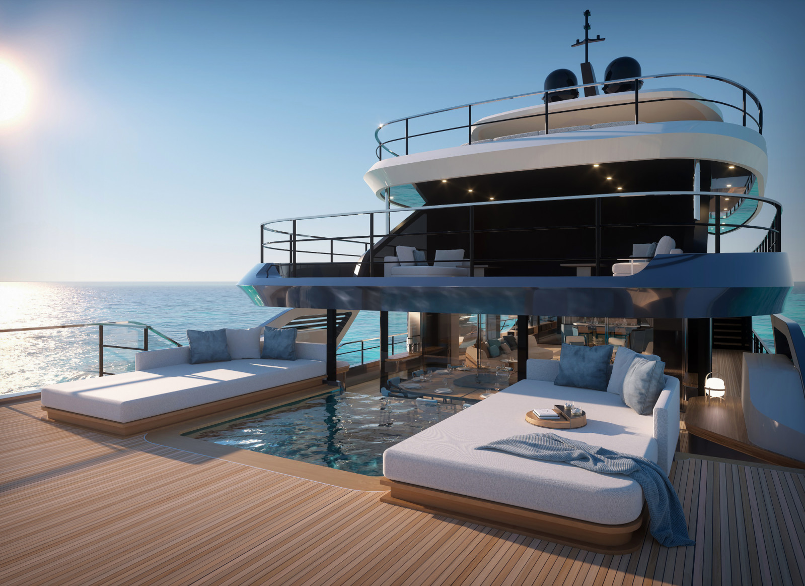 Azimut 最強旗艦 Grande 44M Grande 44M 在主甲板後方精心設置了一座令人驚嘆的無邊際泳池,創造出獨一無二的「透視海景用餐區」。(Photo: Azimut )