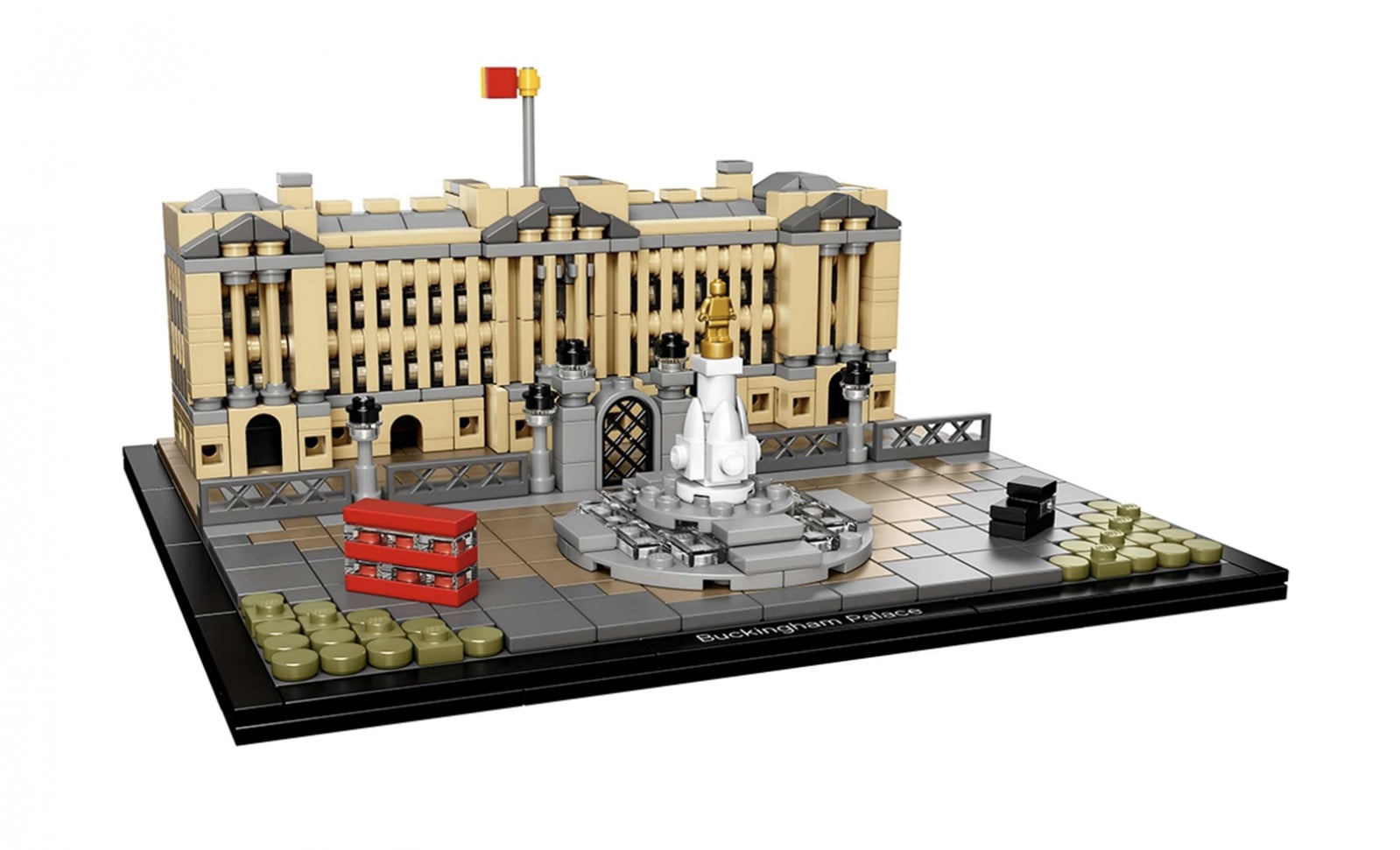 The LEGO Architecture Buckingham Palace set showcases the London landmark with its famous fountain and a red double-decker bus.