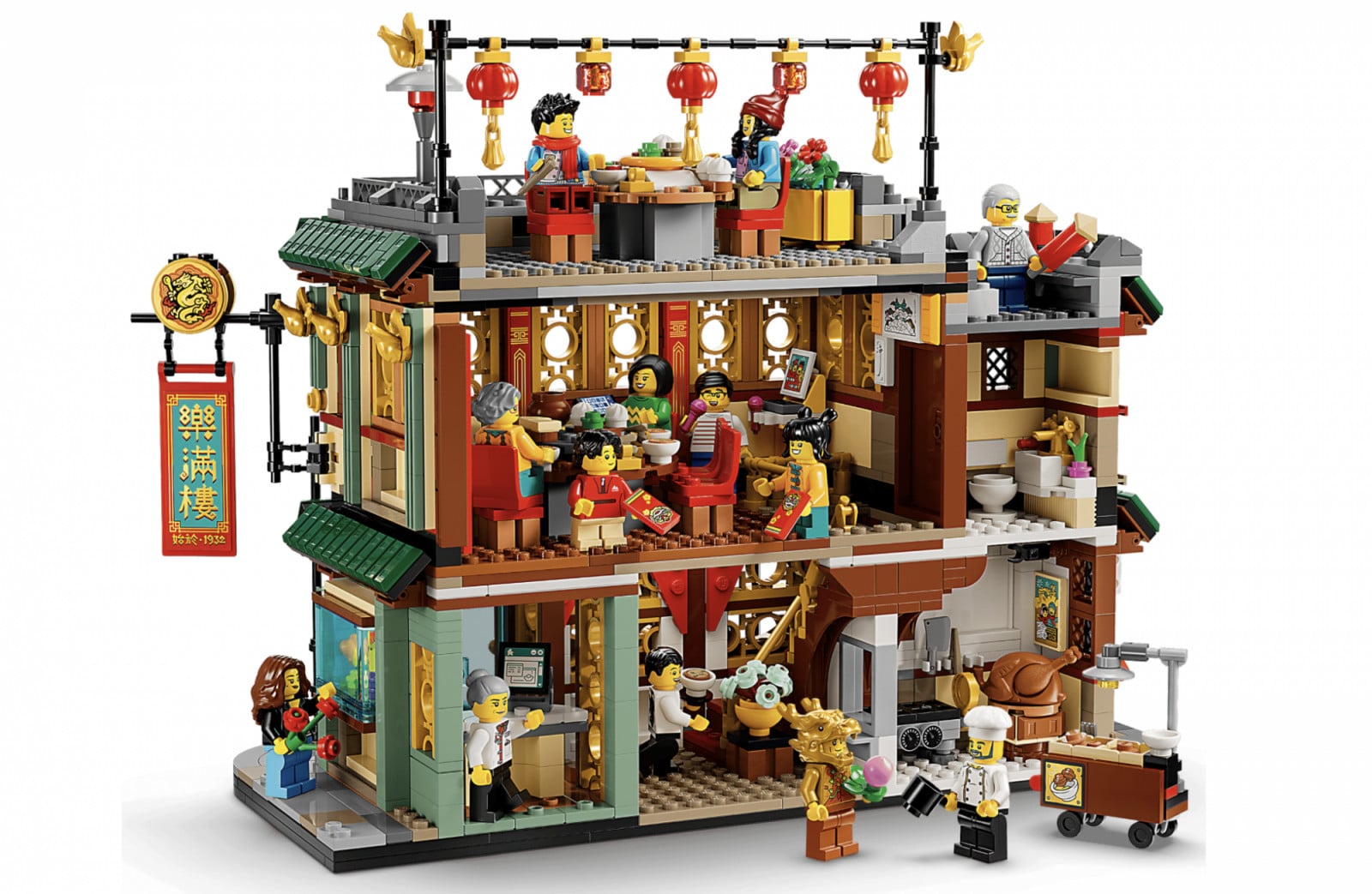 The retired LEGO 80101 Chinese New Year's Eve Dinner set portrays a lively, multi-story restaurant scene with detailed minifigure interactions.