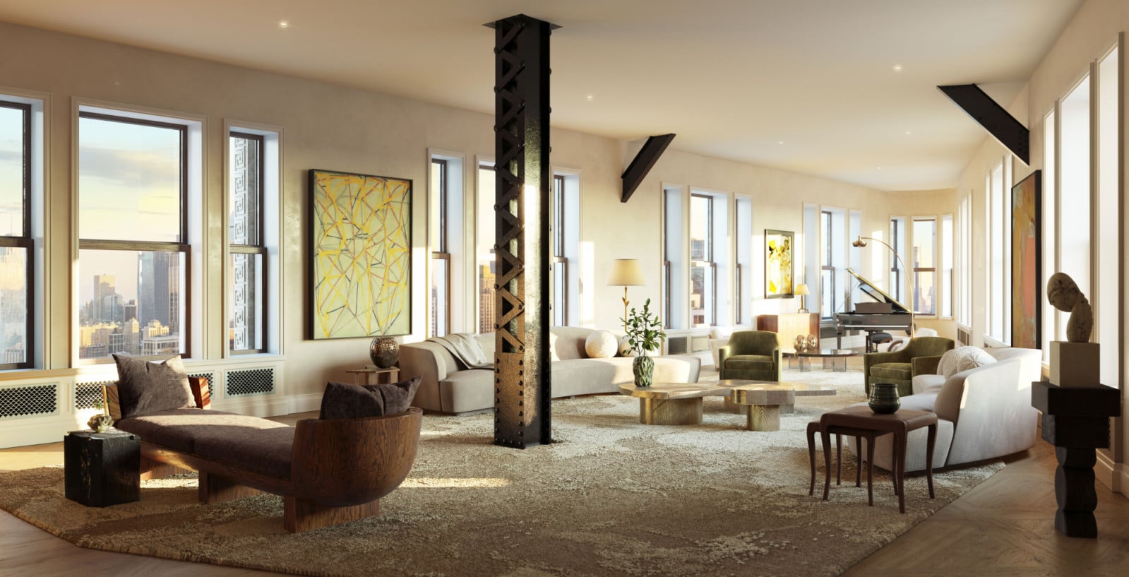 A sophisticated living space featuring a prominent exposed structural column and expansive city views.