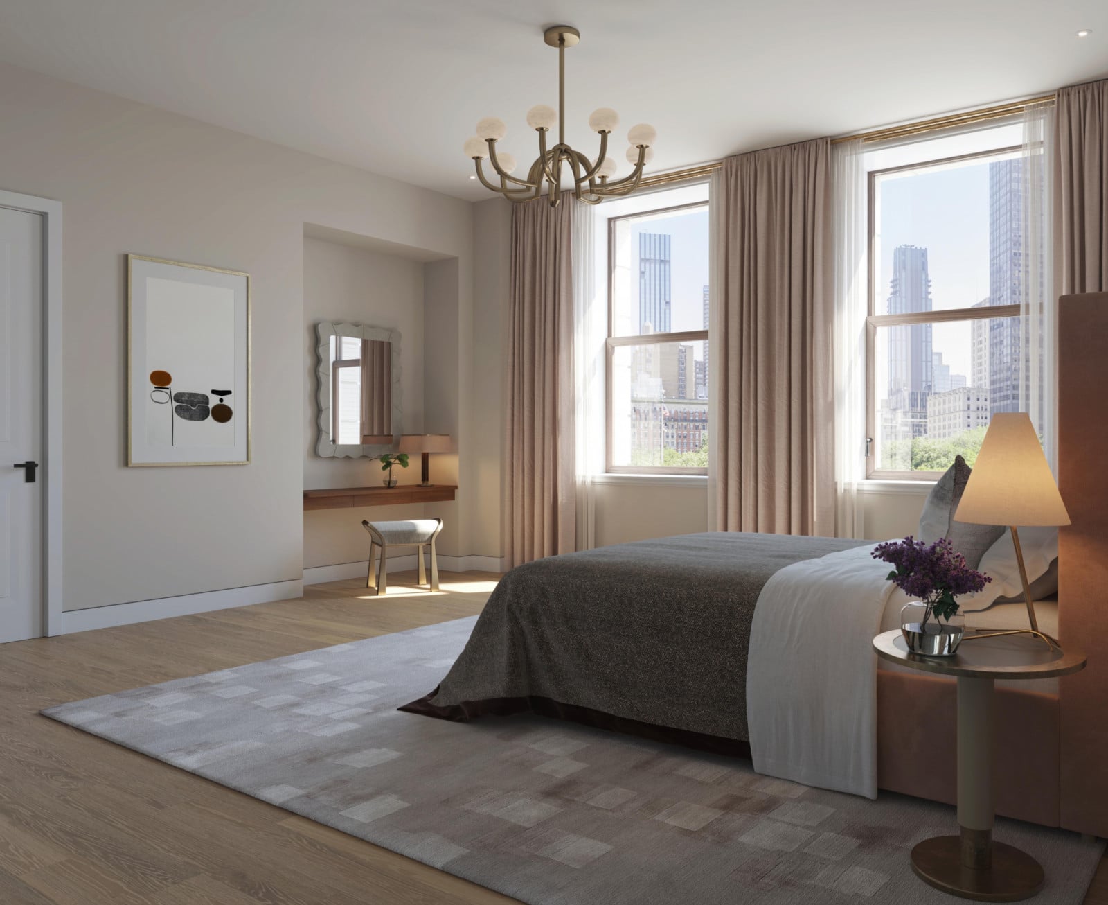 A sophisticated bedroom within a city residence offers a bright outlook onto the urban environment.