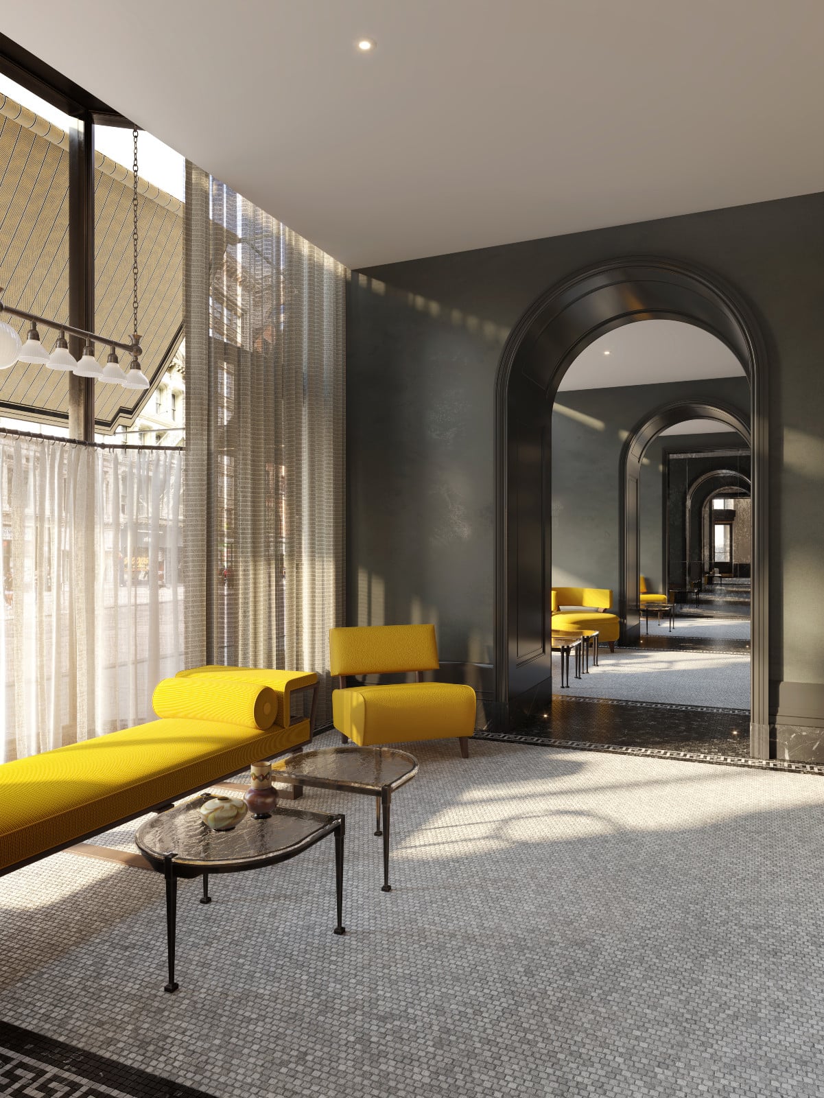 A luxurious interior of a Flatiron Building features vibrant yellow seating, intricate mosaic flooring, and elegant arched doorways.