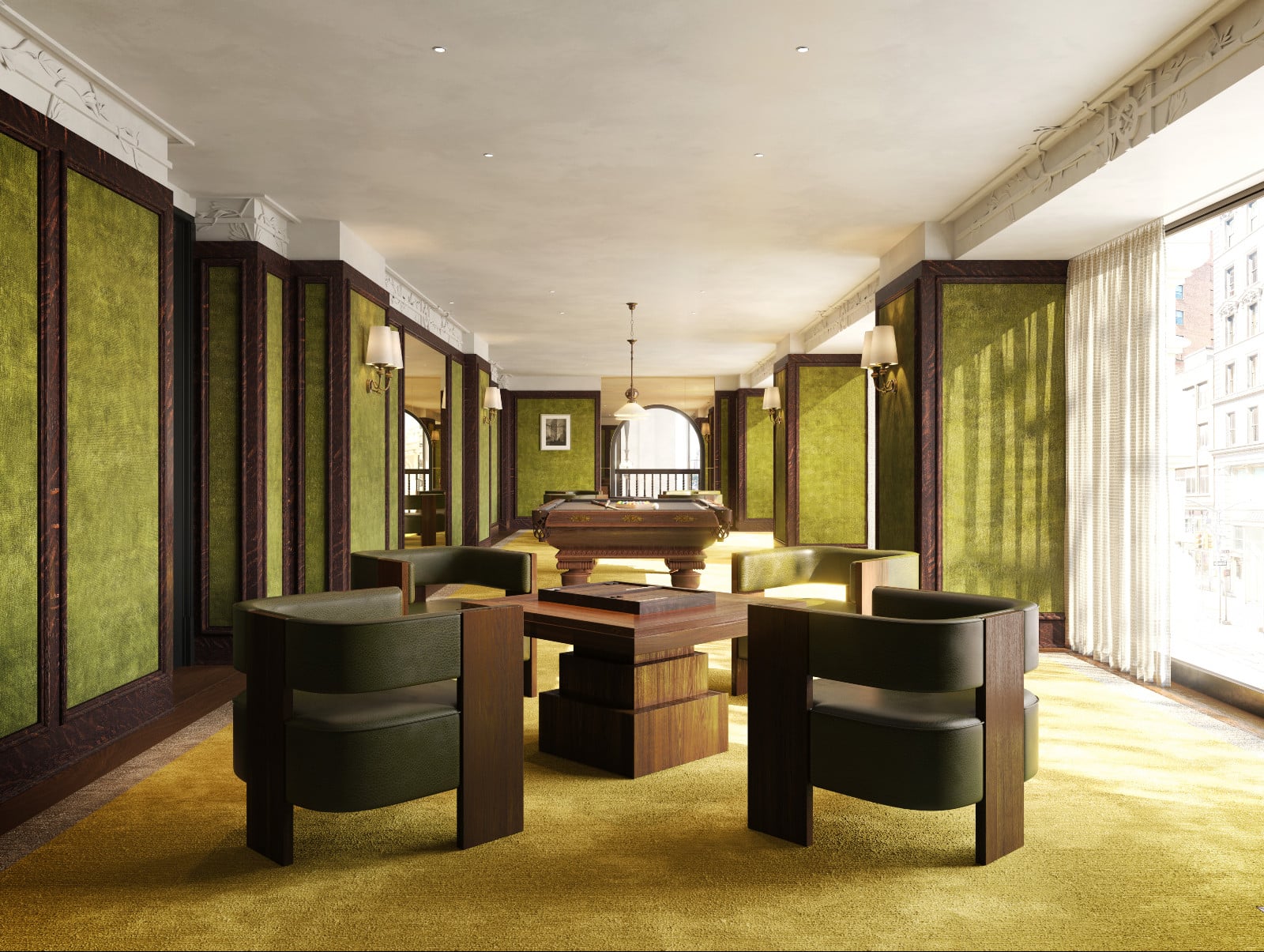 A billiards lounge featuring plush green walls and dark wood accents, reflecting the luxury of the Flatiron District.