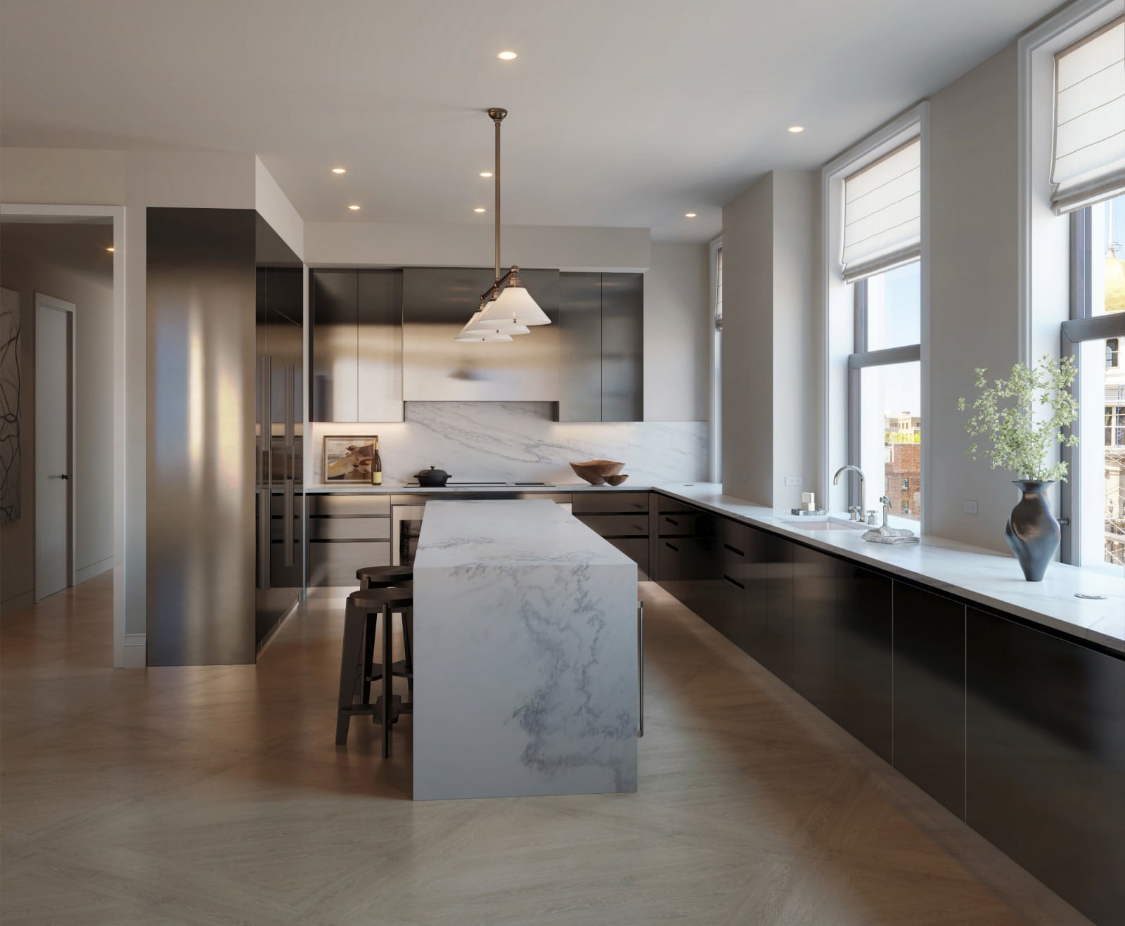 The well-appointed kitchen of a luxury residence near the iconic Flatiron Building.
