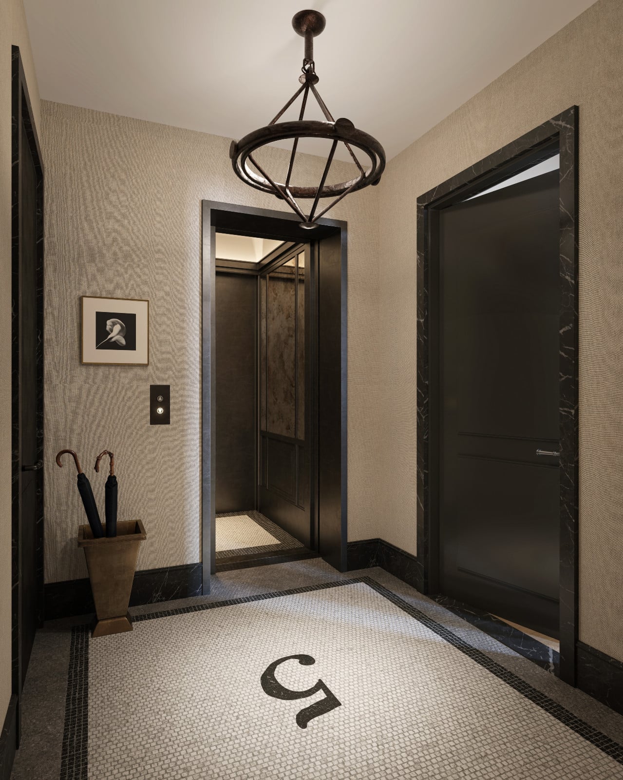 The elegant Fifth floor landing, featuring classic mosaic tilework and a luxurious elevator in a prominent flatiron building.