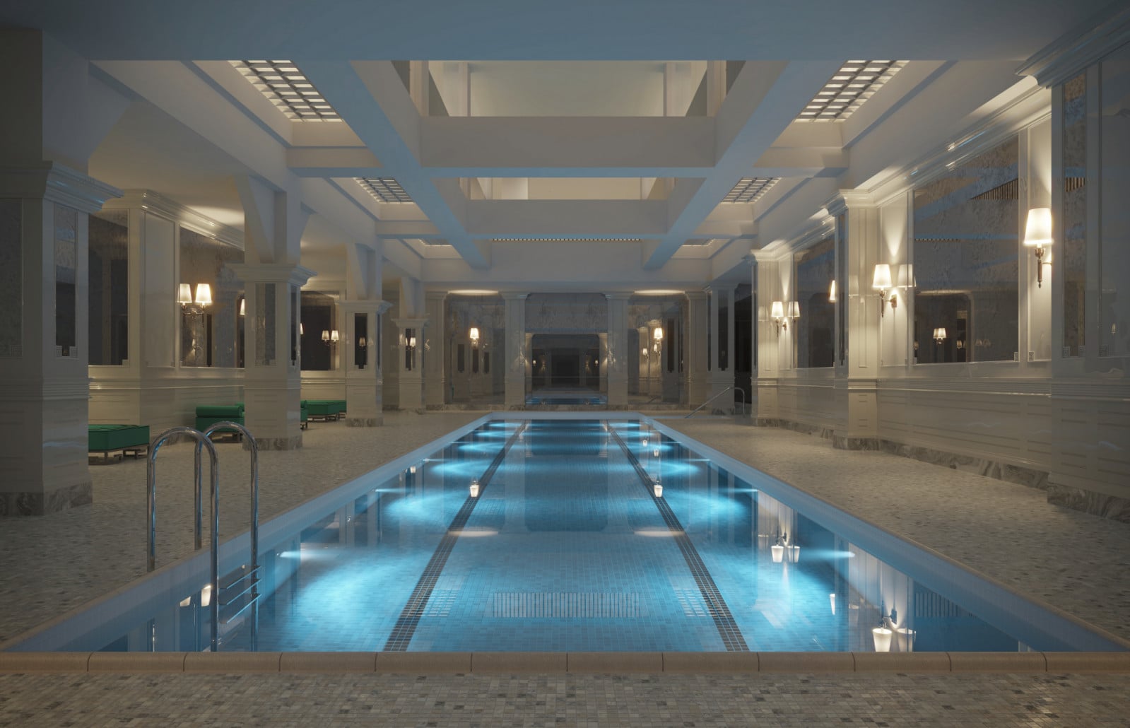 A grand indoor swimming pool provides a luxurious escape, typical of the refined amenities found in upscale buildings in the Flatiron district.