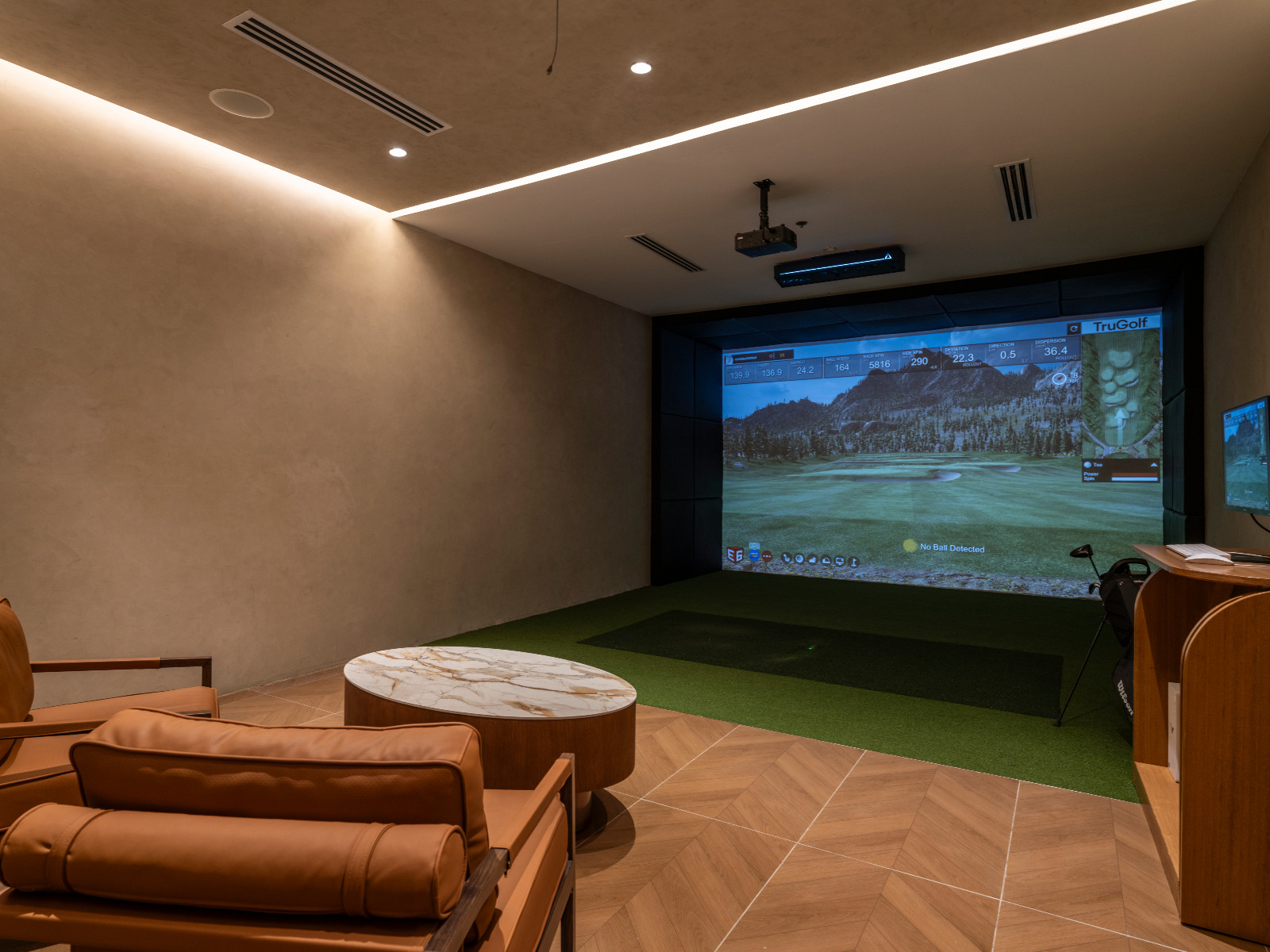 The golf simulation room of the First Meridian Lounge of NAIA Terminal 3, designed by Carlo Calma
