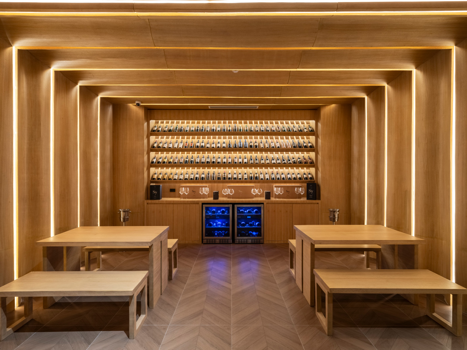 The wine cellar of the First Meridian Lounge of NAIA Terminal 3, designed by Carlo Calma