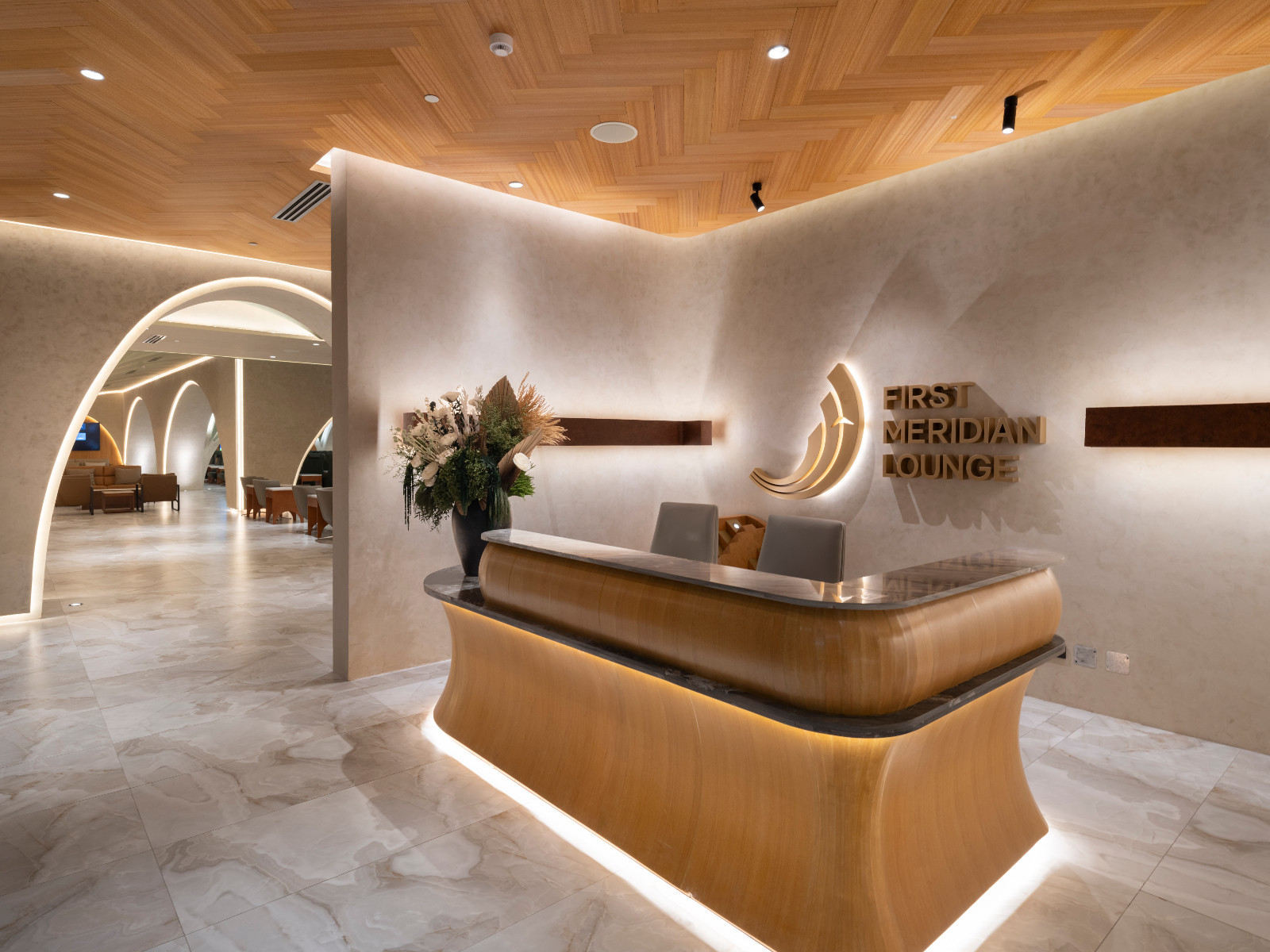 The reception area of the First Meridian Lounge of NAIA Terminal 3, designed by Carlo Calma