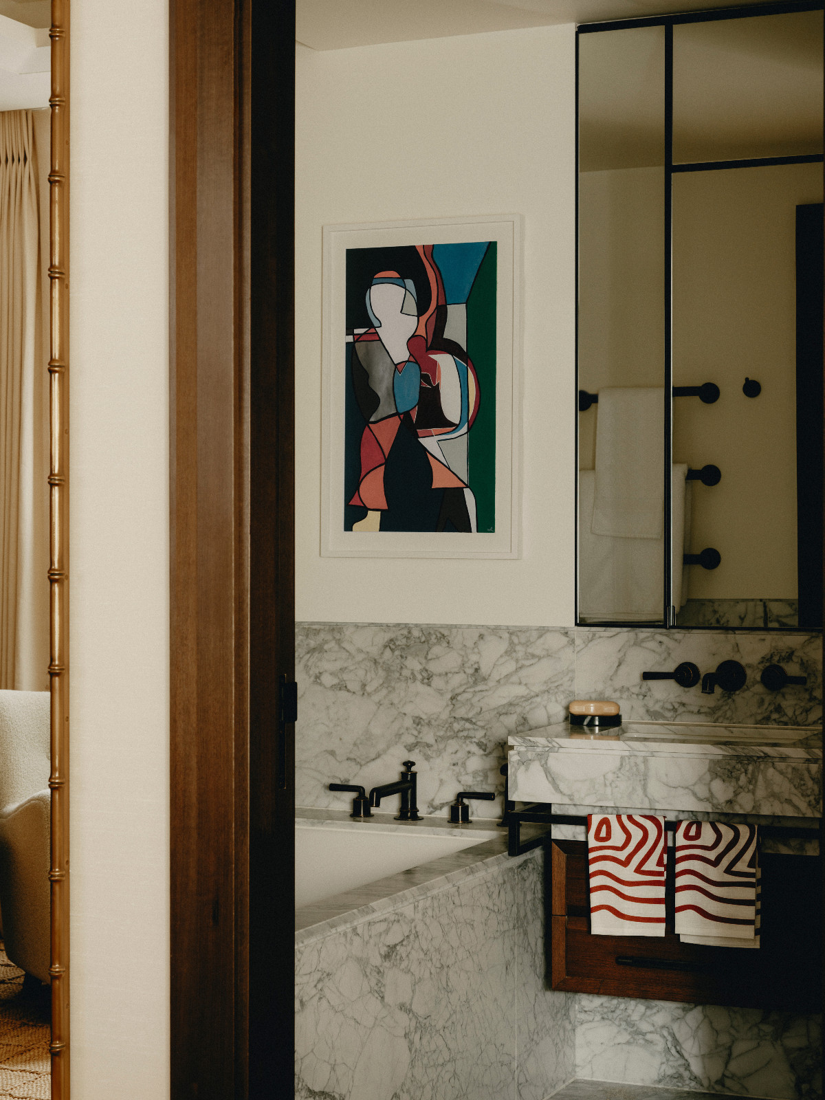 The bathroom of an art-filled Belgravia, London home designed by Studio Vero