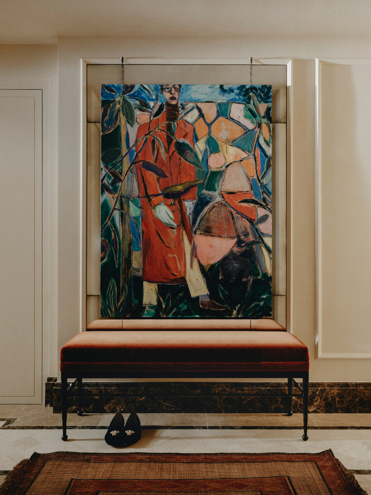 The entryway of an art-filled Belgravia, London home designed by Studio Vero