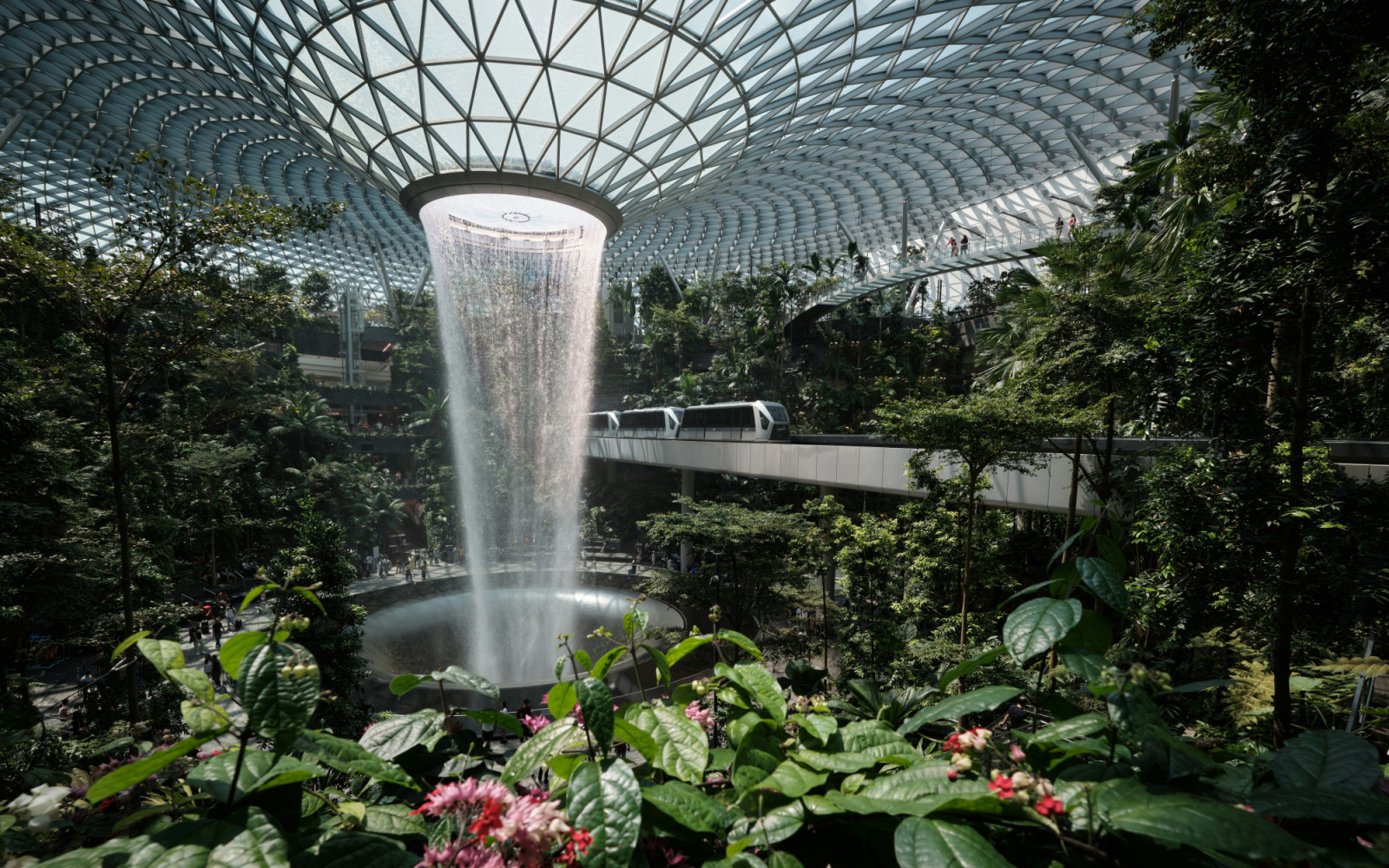The HSBC Rain Vortex at Singapore's Jewel Changi Airport, with the Skytrain traversing the lush Shiseido Forest Valley.
