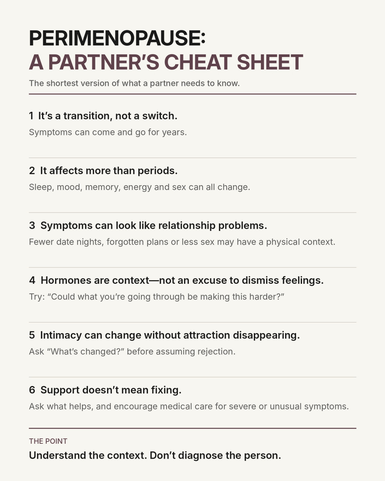 "Perimenopause: A Partner's Cheat Sheet" outlines six essential points for partners to understand and support during perimenopause.