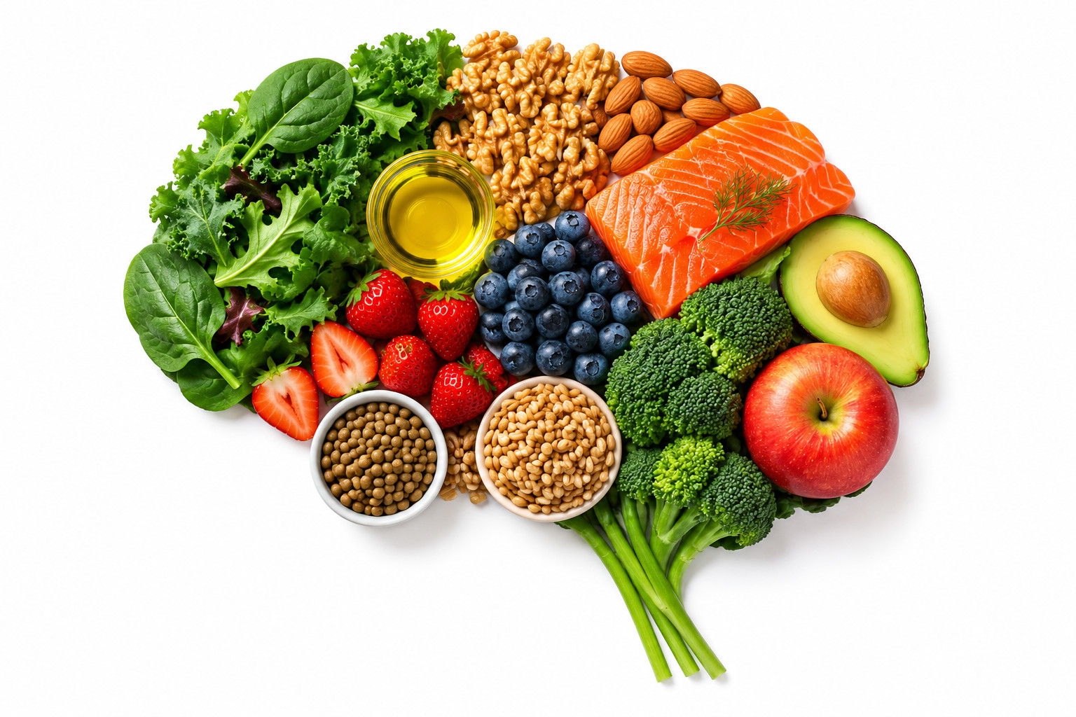 Healthy foods for cognitive function, including salmon, blueberries, nuts, and leafy greens, shaped like a brain.