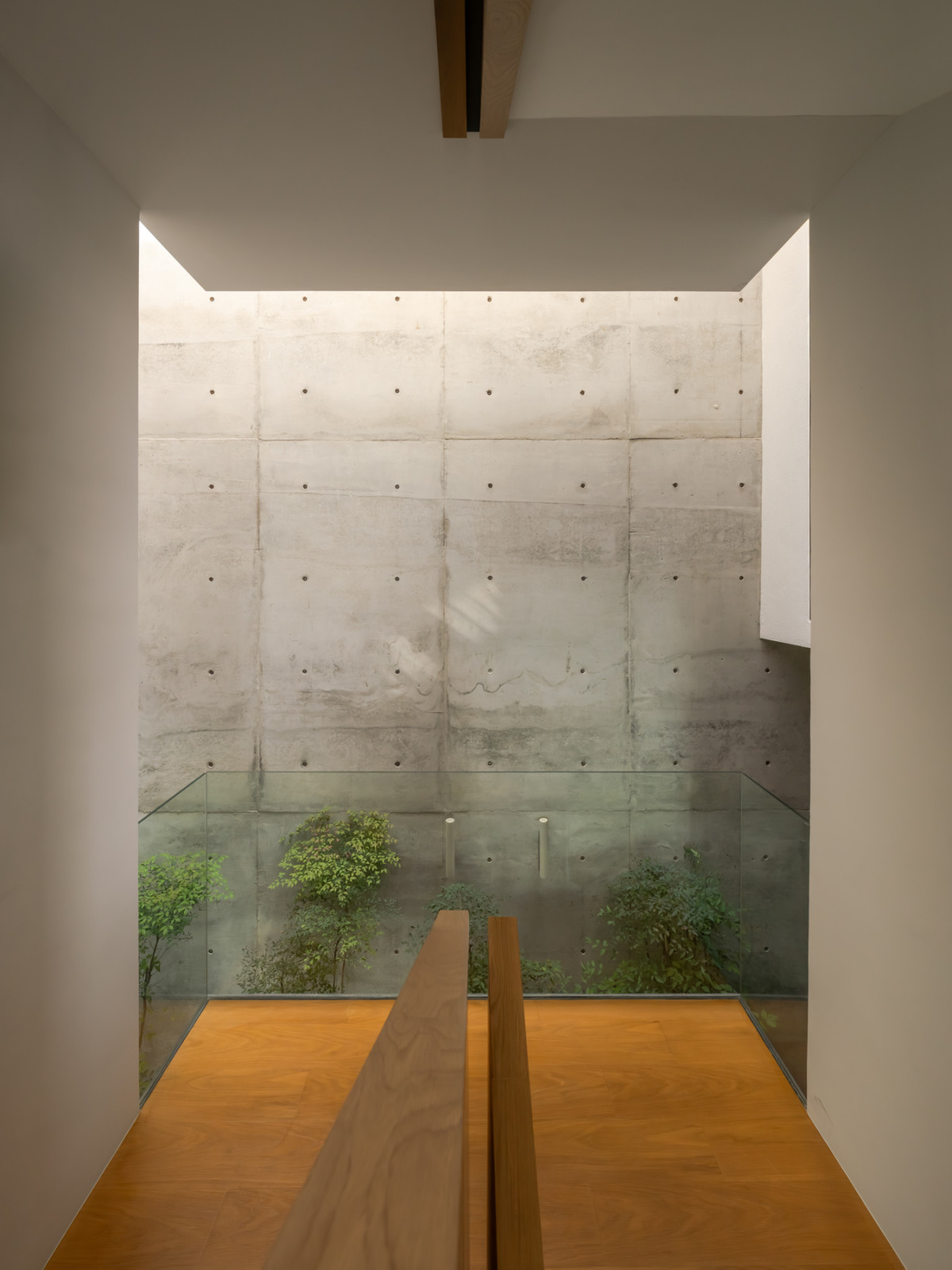 A courtyard garden is visible through glass balustrades at the top of the internal staircase, planted with trees and shrubs