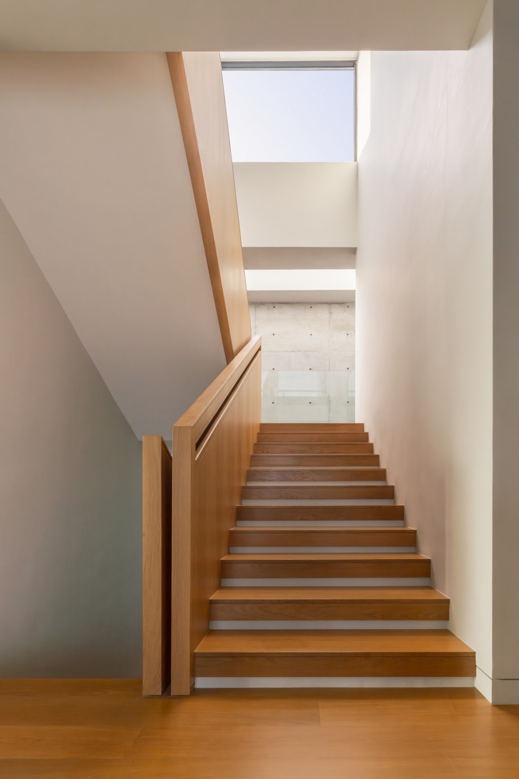 The feature staircase is finished in timber, lit from a skylight above and set against a poured concrete wall