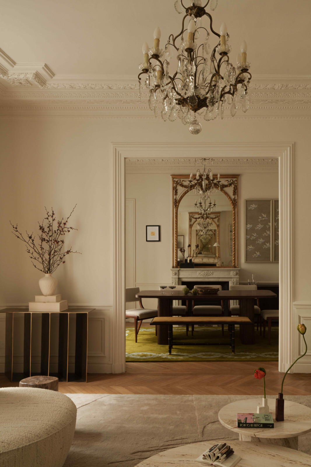 A cohesive palette of warm white, caramel and green