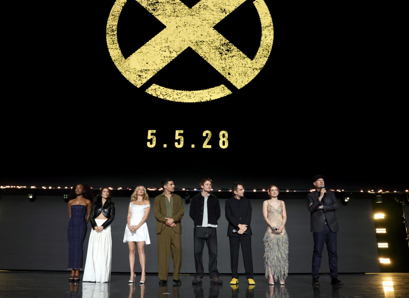 ANAHEIM, CALIFORNIA - AUGUST 14: (L-R) Maya Boyd, Inde Navarrette, Samara Weaving, Christopher Abbott, Kit Connor, Jake Schreier, Sadie Sink and Kevin Feige, President, Marvel Studios, speak onstage at the Disney Entertainment Showcase at D23: The Ultimate Disney Fan Event on August 14, 2026 in Anaheim, California. (Photo by Jesse Grant/Getty Images for Disney)