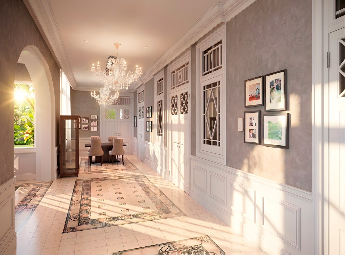 A rendering of Tan Chin Tuan Mansion’s well appointed corridor; t