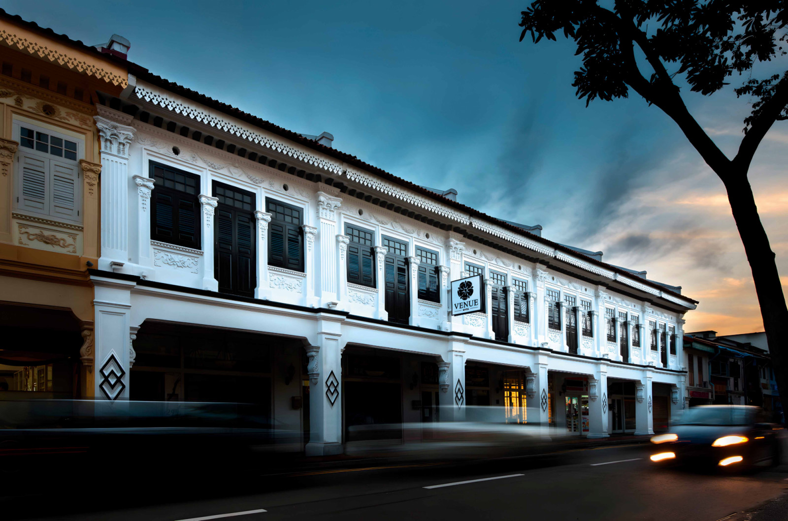 Venue Hotel in Joo Chiat occupies a row of black-and-white shophouses whose symbolic motifs and geometric patterns were carefully conserved