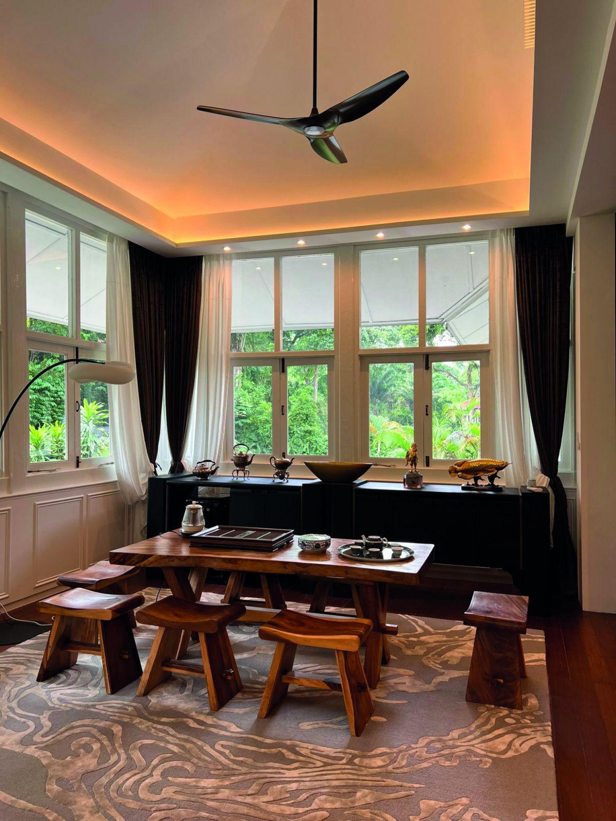Custom Living DNA rug in the tea room of the black-and-white bungalow on 9 Goodwood Park