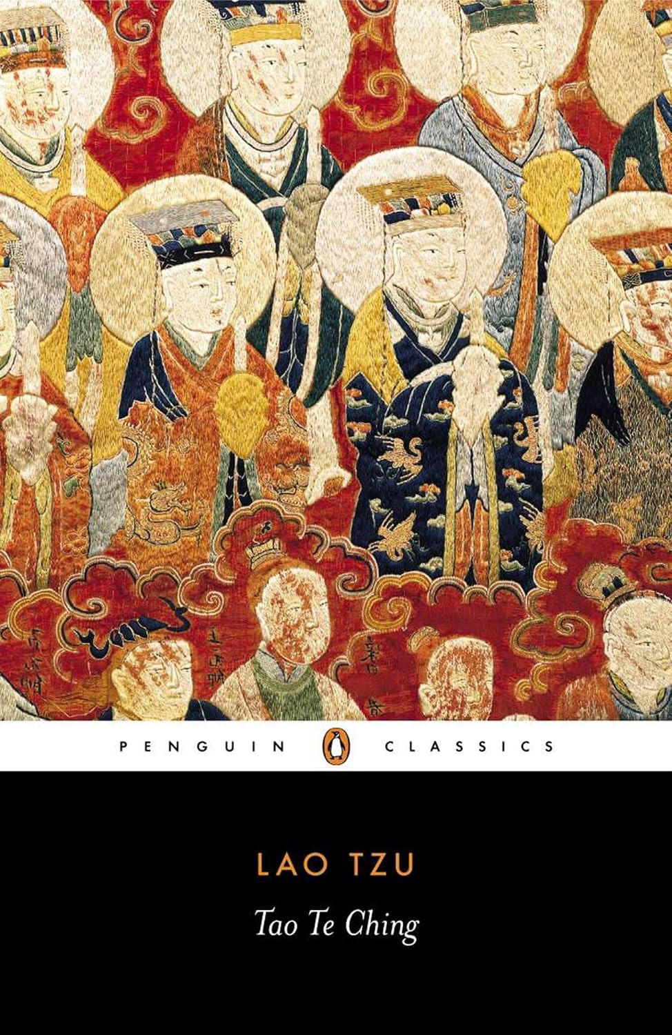 Lao Tzu's Tao Te Ching, a Penguin Classics edition, displays an embroidered tapestry of ancient figures on its cover.