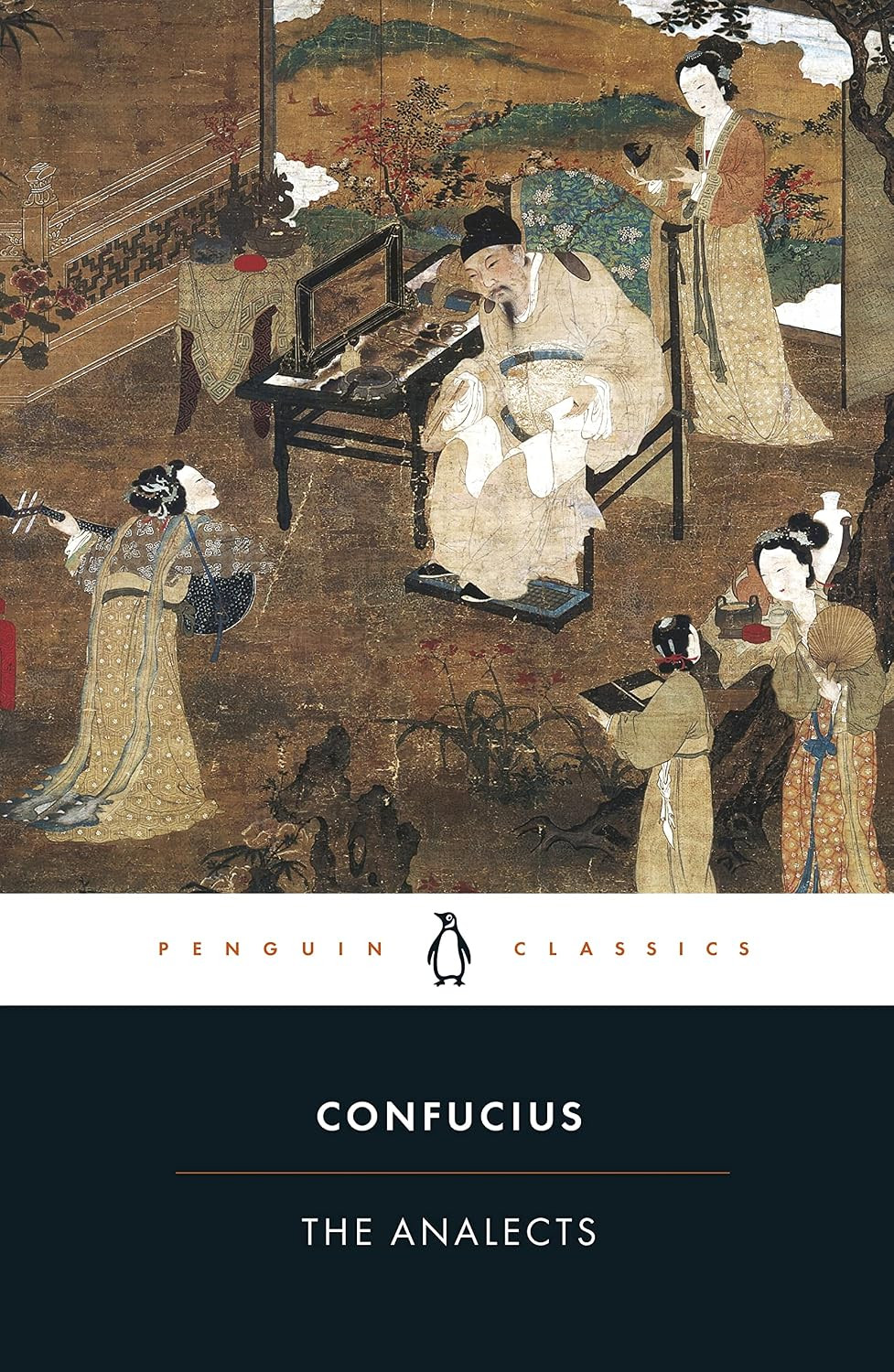 The Penguin Classics cover for 'Confucius: The Analects' features a classical painting of the philosopher with attendants.