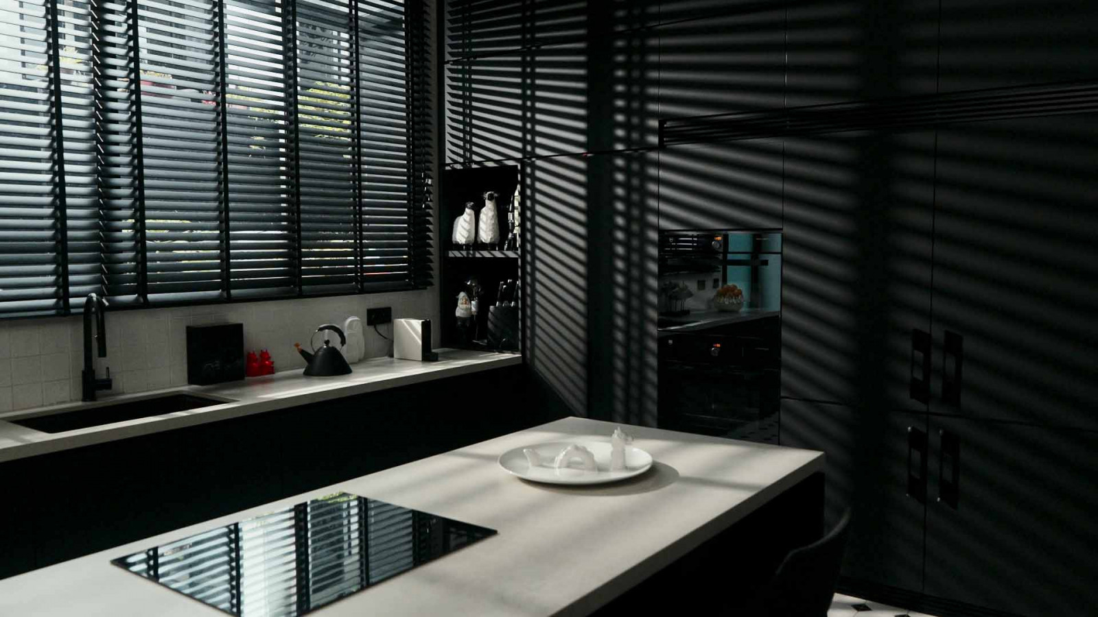 The V-ZUG-fitted kitchen, striped in afternoon light through the blinds