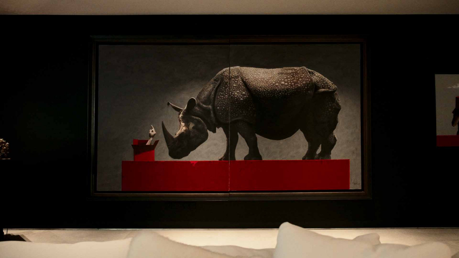 Zheng Hong Xiang's rhinoceros diptych, Lim's favourite piece in the house and the one she won from her friend Stephane