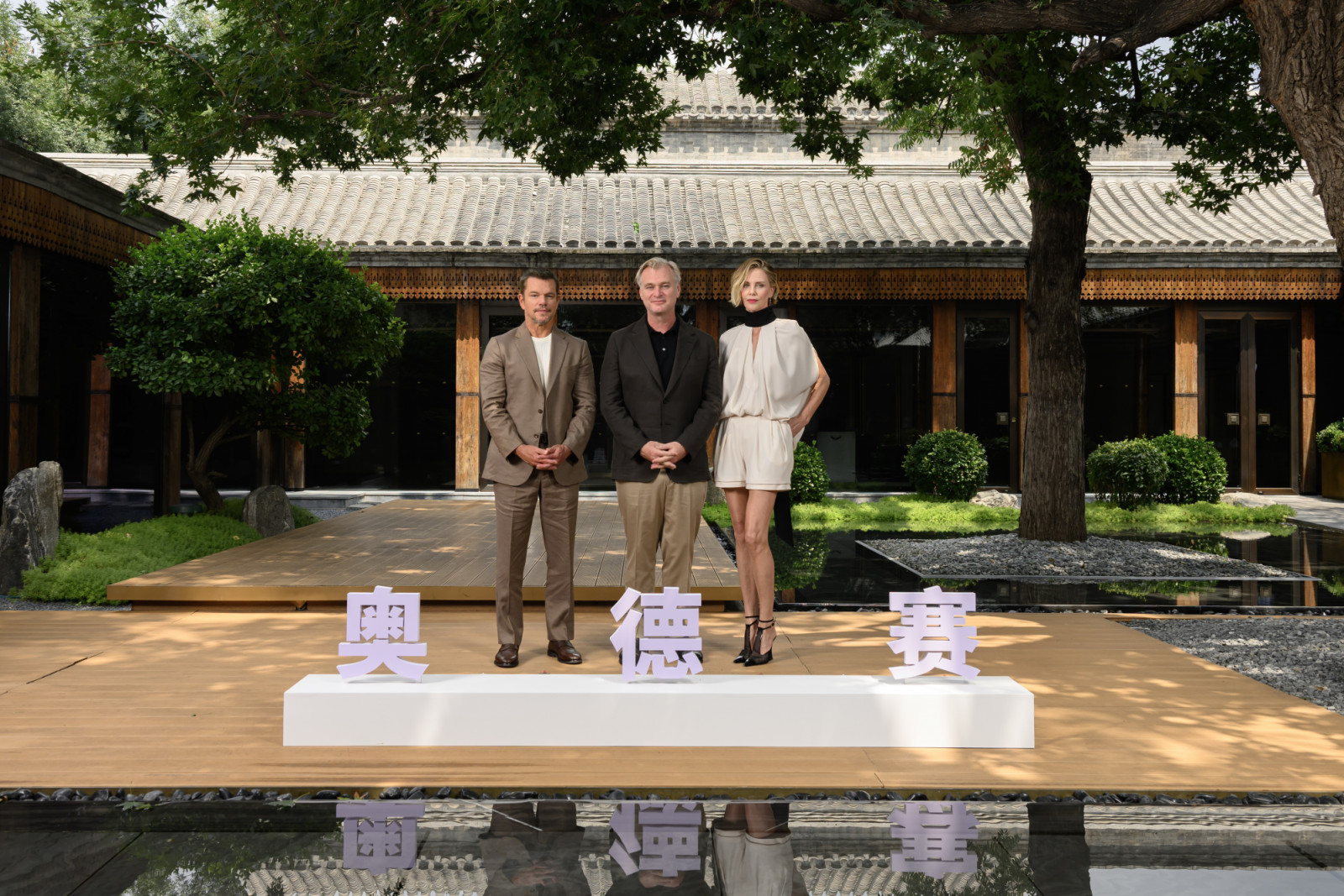 Christopher Nolan, Matt Damon and Charlize Theron promote ‘The Odyssey’ in Beijing in July. (Photo: Getty Images)