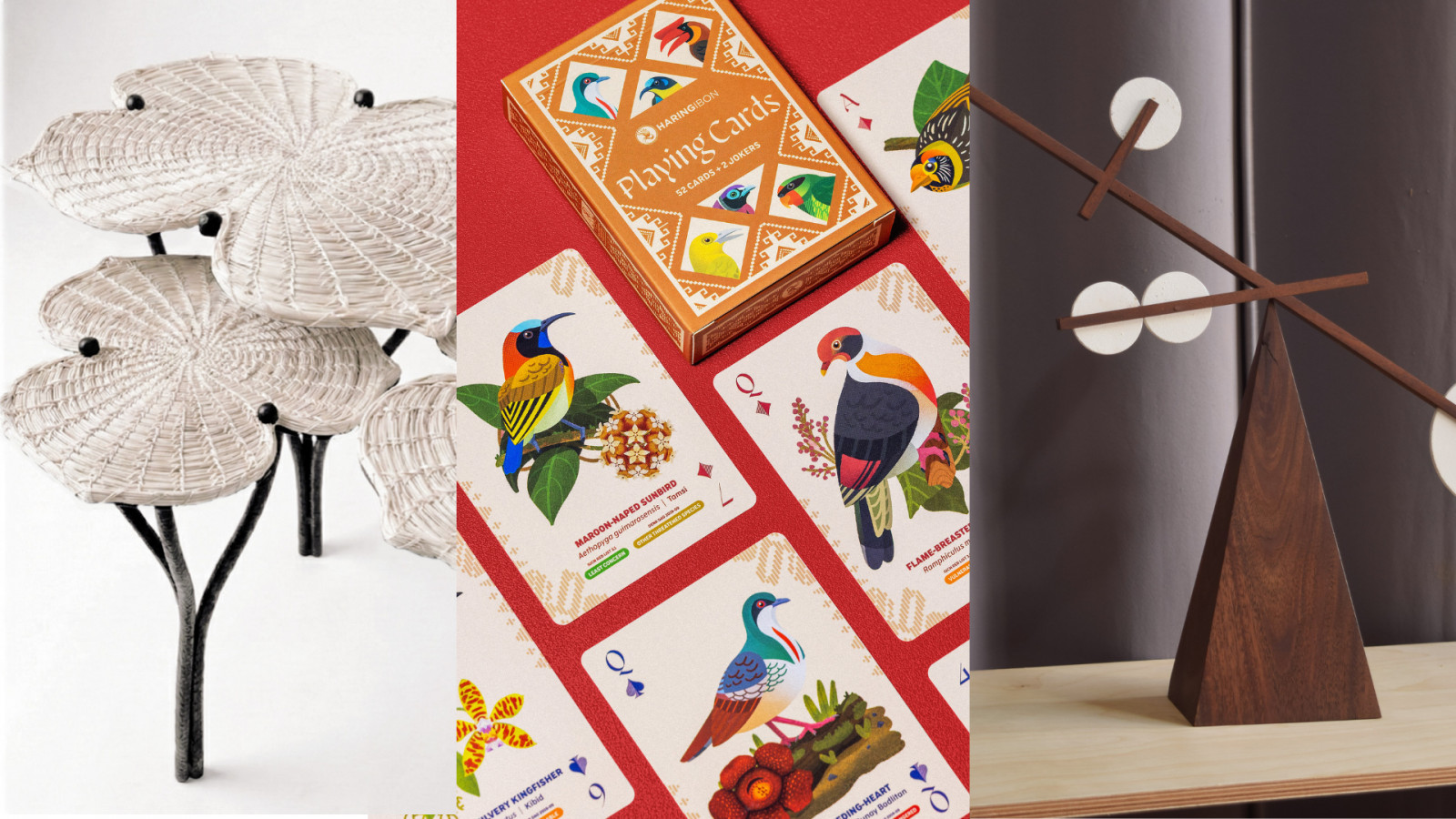 This month's Filipino furniture picks, from the Ning-ning Coffee Tables by Deya Tsyna to the Haring Ibon Playing Cards by Birds In Focus Inc, to the Tree in Motion by E-Lou Studio (Photo stylised by Celine Dabao)