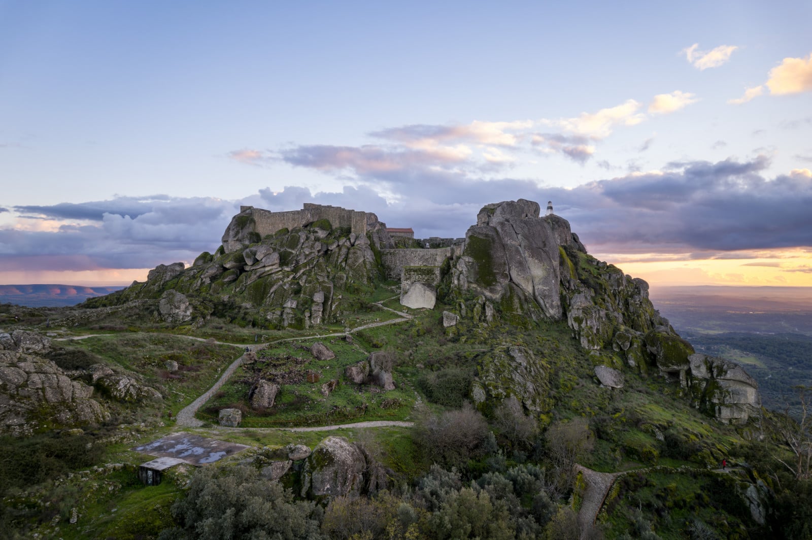 Aerial view of the Monsanto Castle at sunset, Aldeia de Monsanto, Portugal