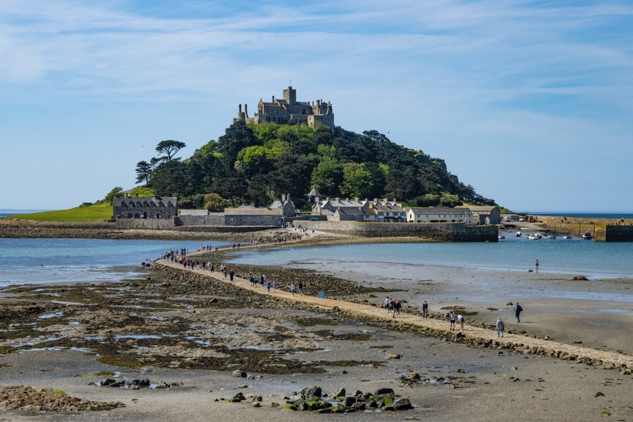 St Michael’s Mount at low tide, its causeway connecting the Cornish mainland to the medieval castle and church above (Photo: iStock)