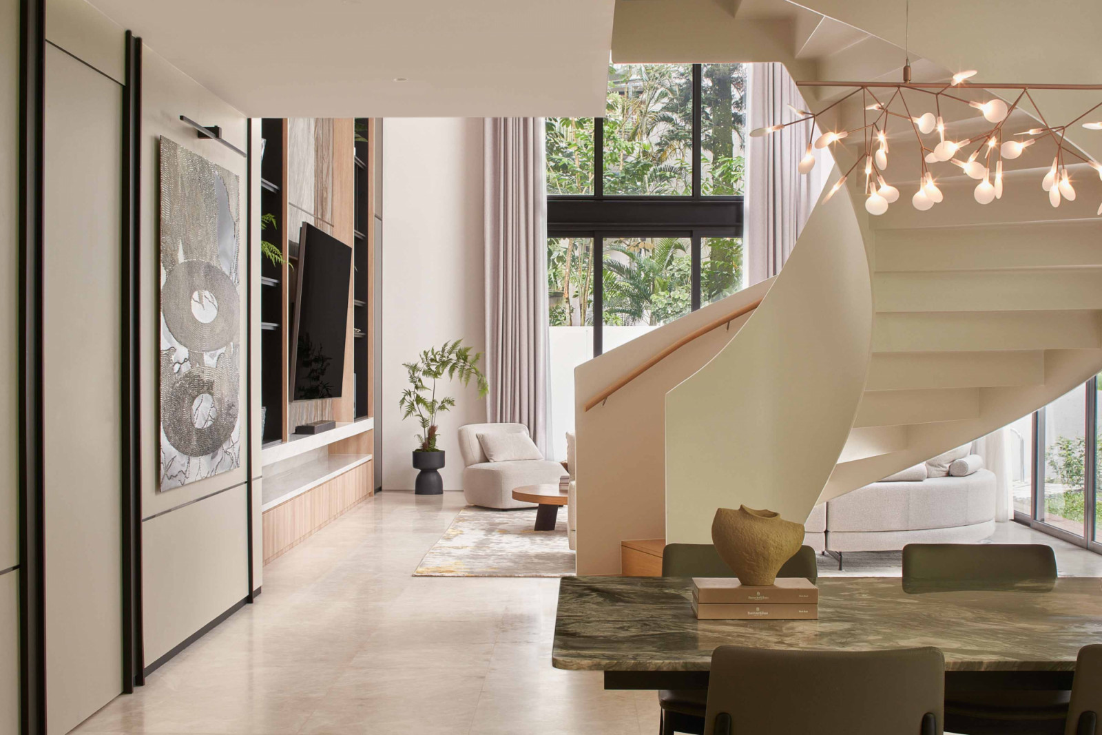 A view of the dining and living areas from the kitchen doorway