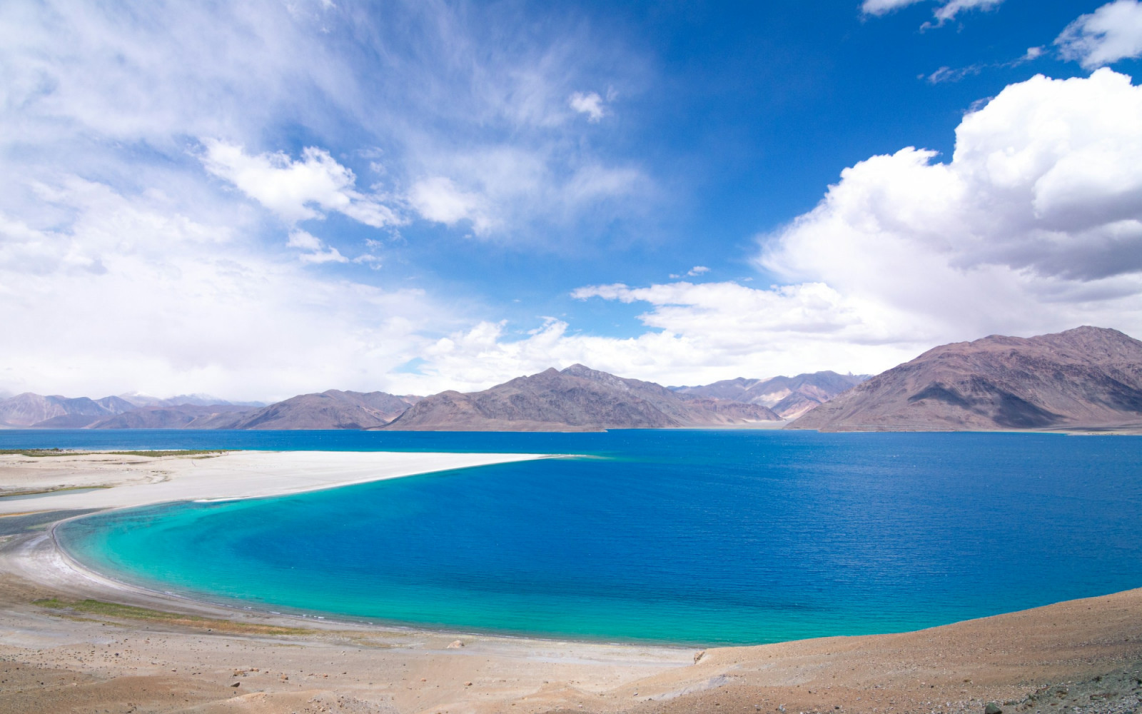 Pangong Tso, a high-altitude lake in the Himalayas, spans across India and China.