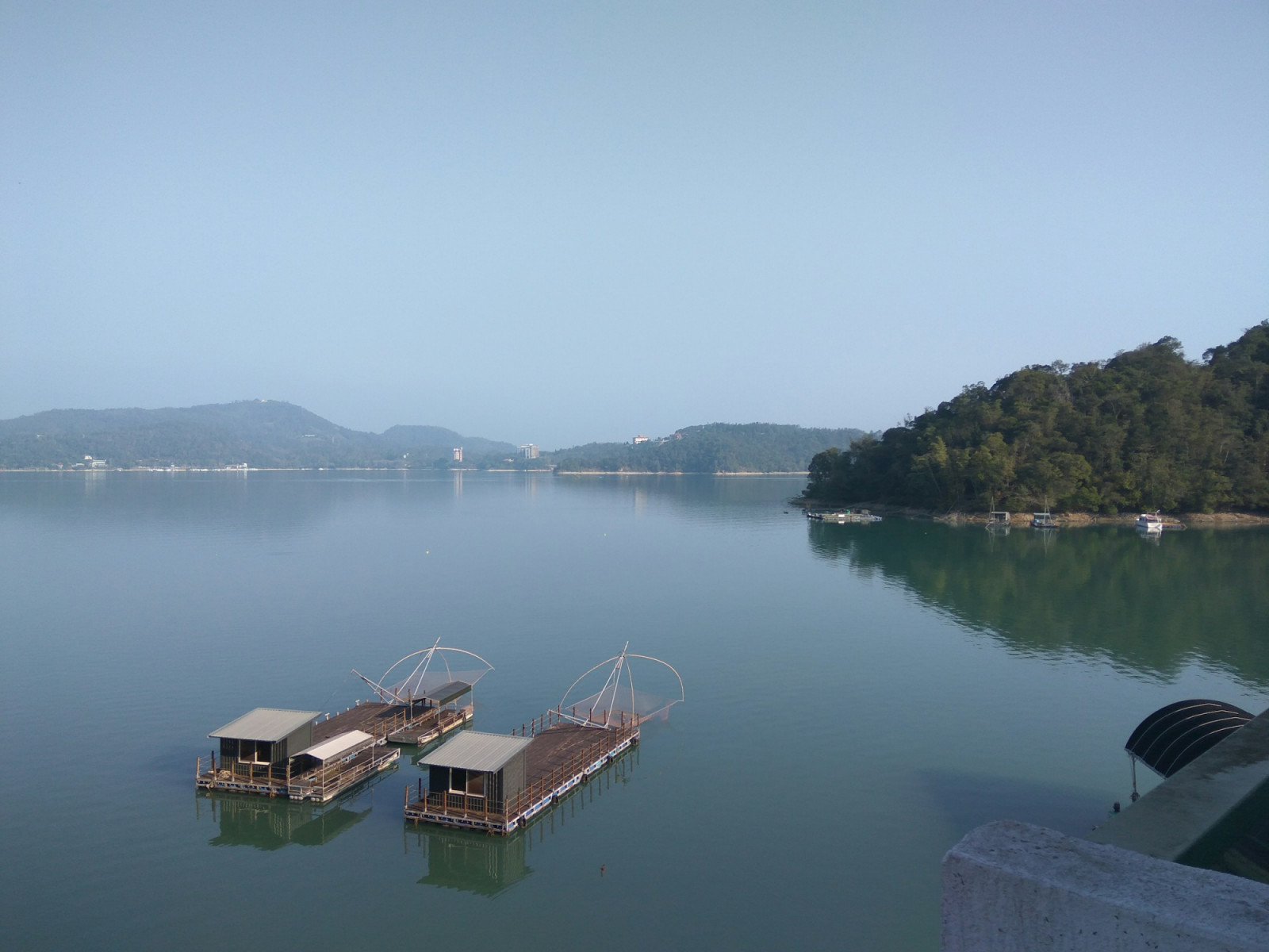 Sun Moon Lake in Taiwan is home to traditional floating fishing platforms.