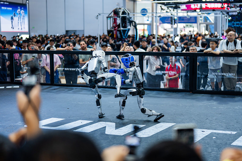 BEIJING, CHINA - AUGUST 20: Humanoid robots show boxing skills during the 2026 World Robot Conference on August 20, 2026 in Beijing, China. The conference, which runs from August 19 through August 23, has drawn more than 300 exhibitors from 26 countries, with over 3,000 products on display, including more than 300 debuts. (Photo by VCG/VCG via Getty Images)