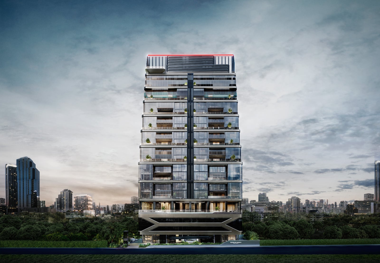The striking modern façade of a Porsche Design luxury residence, a prime example of collectible real estate investments, located in Bangkok