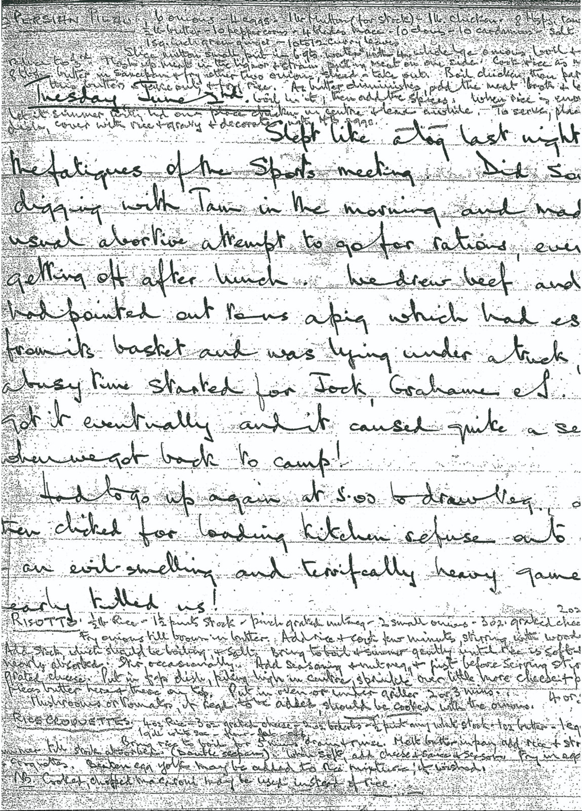 (Scribbled diary, no dates): A page from Ken’s diary, with every inch of space containing recipes