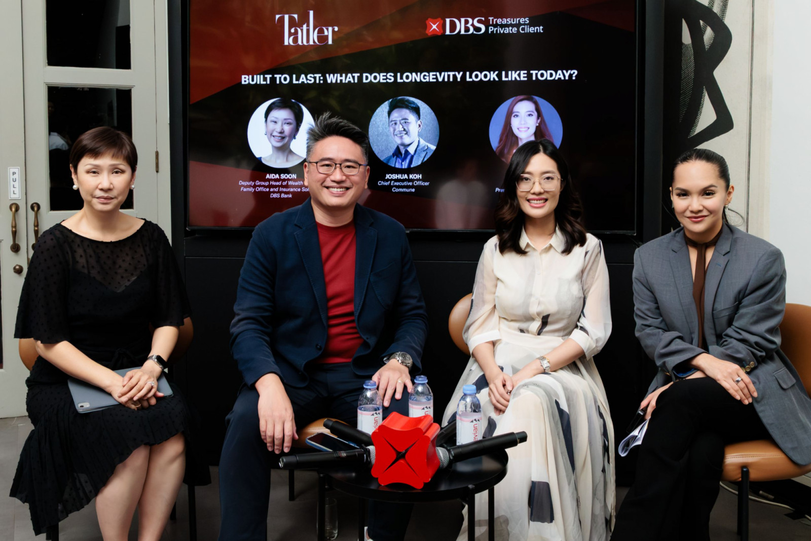 Aida Soon, Deputy Group Head of Wealth Planning, Family Office and Insurance Solutions at DBS; Joshua Koh, CEO of Commune; Chloe Chan, Executive Director of Prestige by Chan Brothers; and Tatler Singapore Editor-in-Chief Dana Koh, who moderated the panel