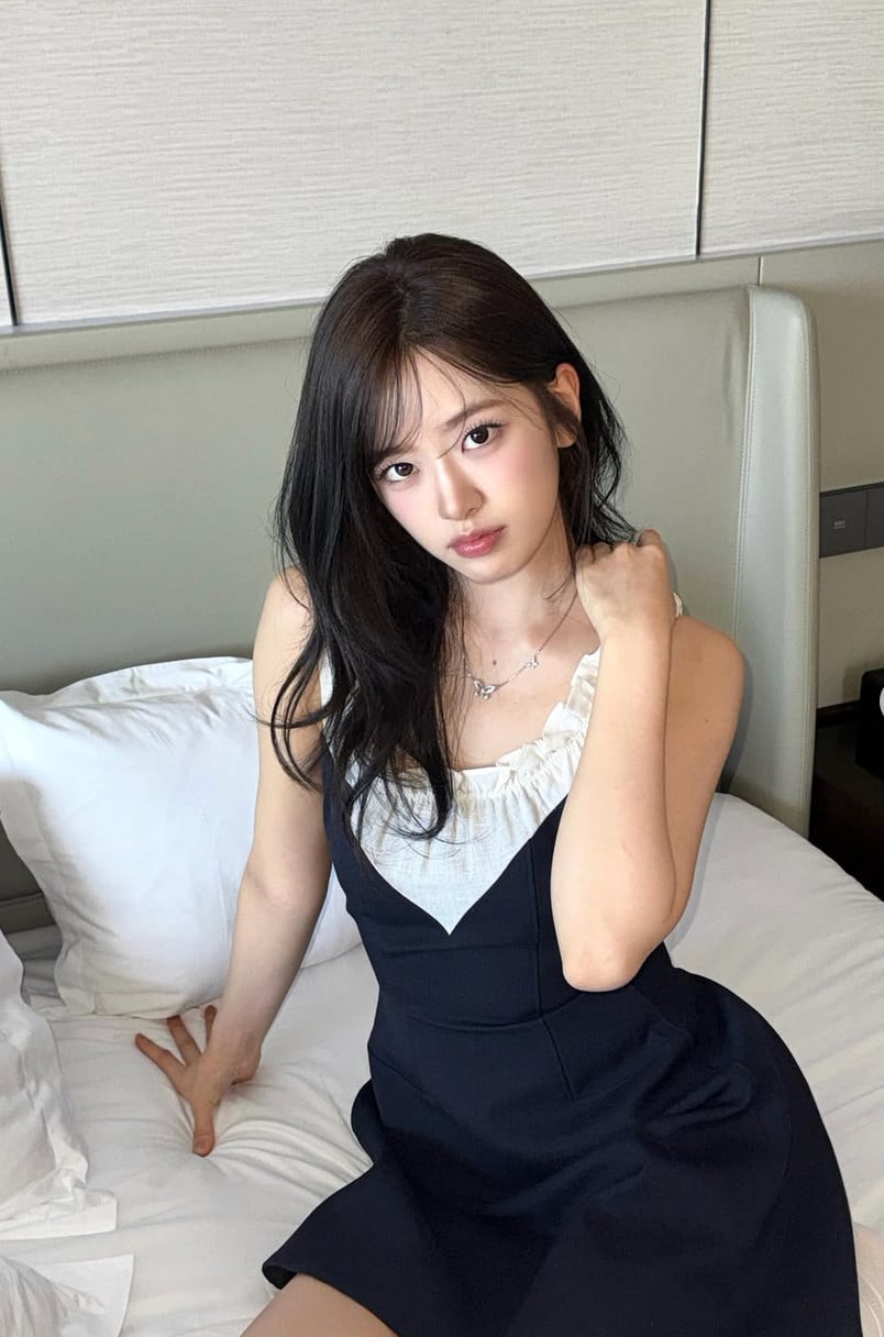 Ahn Yujin of IVE on a bed in a hotel room, wearing a navy dress.
