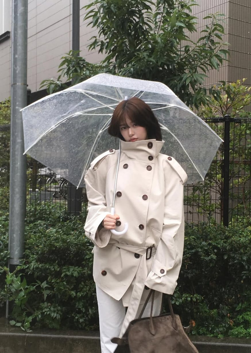 A woman in a high-collared, double-breasted trench coat carries a clear umbrella on a damp city street.