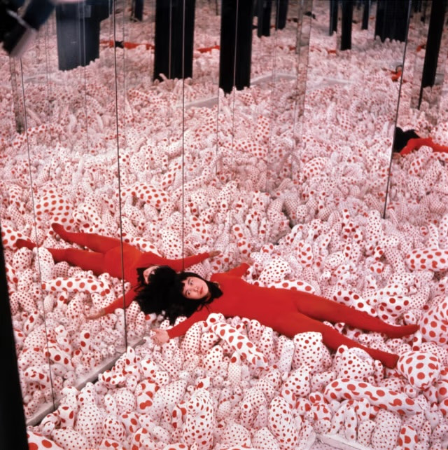 Yayoi Kusama in her breakthrough Infinity Mirror Room Phalli’s Field at the Castellane Gallery in New York in 1965
© Yayoi Kusama; Courtesy of Ota Fine Arts, Victoria Miro and David Zwirner; Photo: Eikoh Hosoe