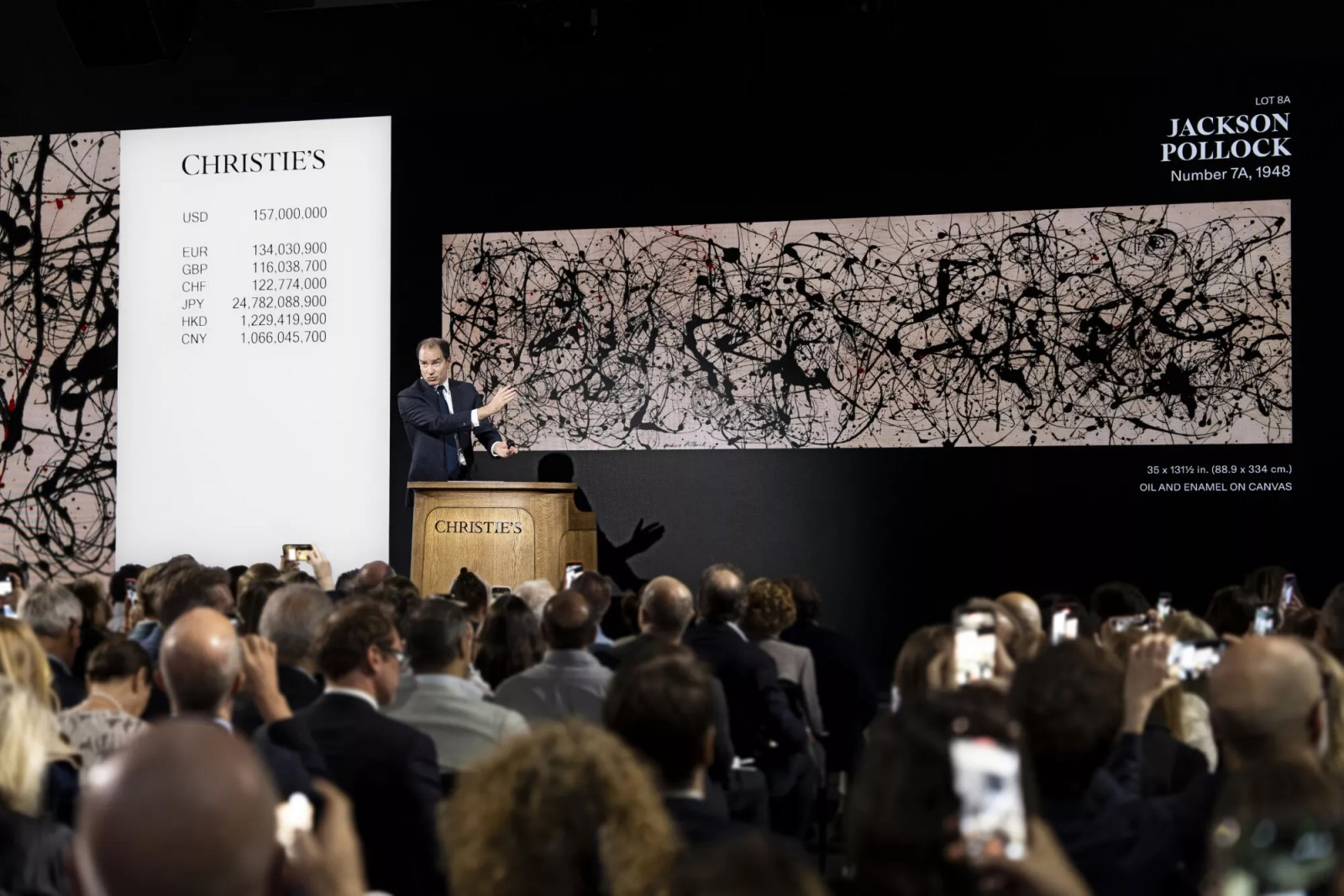 ภาพวาด Number 7A, 1948 ของ Jackson Pollock ถูกขายไปในราคา 181.2 ล้านดอลลาร์สหรัฐ ที่ Christie's New York ซึ่งเป็นสถิติการประมูลใหม่สำหรับศิลปินผู้นี้ และเป็นราคาสูงสุดอันดับสี่เท่าที่เคยมีการประมูลงานศิลปะใดๆ (ภาพ: Christie's)