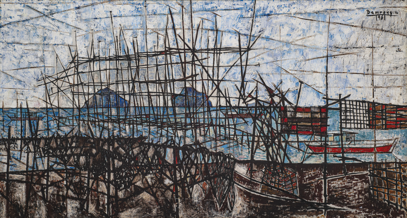 DAMRONG WONG-UPARAJ (1936-2002)
Shore Scene with Boats, Rocks and Scaffold-Like Poles
signed and dated 'Damrong.w 1961' (upper right)
oil on canvas
79.5 x 147.5 cm. (31 1⁄4 x 58 1⁄8 in.)
Painted in 1961