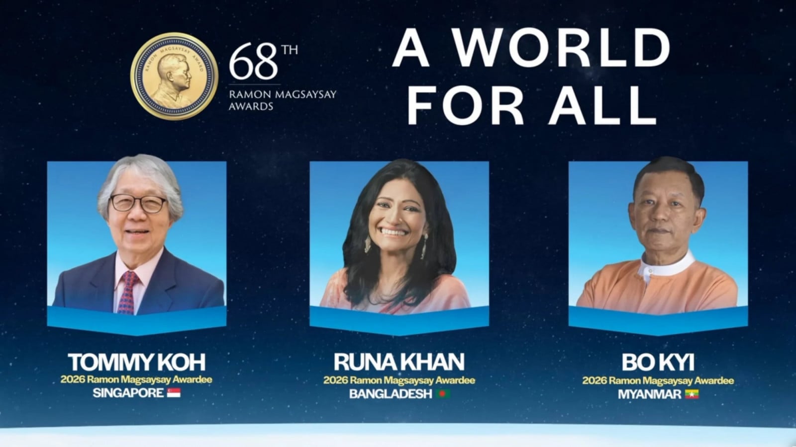 Recipients of the Ramon Magsaysay Award in 2026: Tommy Koh (Singapore), Runa Khan (Bangladesh) and Bo Kyi (Myanmar) (Photo: Facebook / Ramon Magsaysay Award)