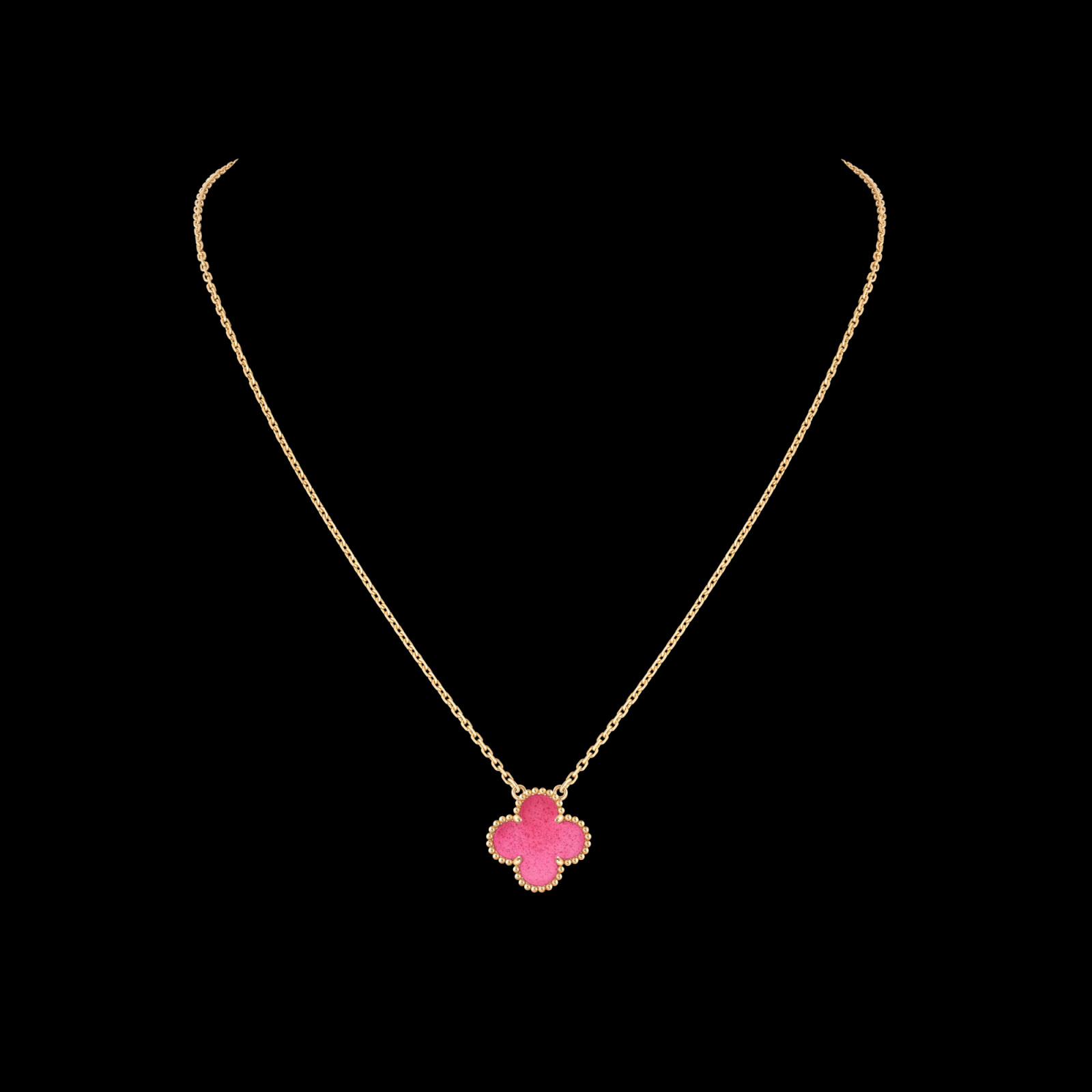 The new Alhambra pink enamel pendant (Photo: courtesy of Van Cleef & Arpels)