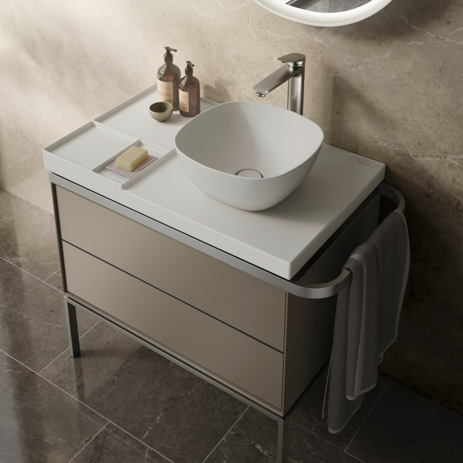 Soft colours prevail with the Aurena washbasin by Antonio Citterio